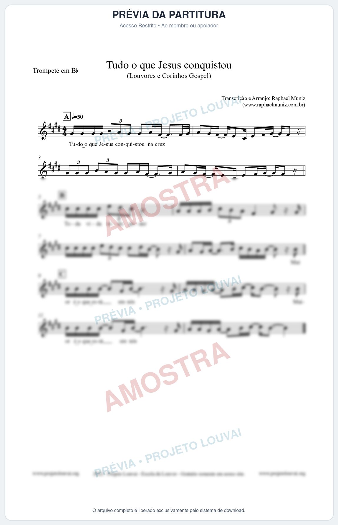 Prévia protegida da primeira página da partitura Partitura para Trompete em Bb - Tudo o que Jesus conquistou - Louvores e Corinhos Gospel