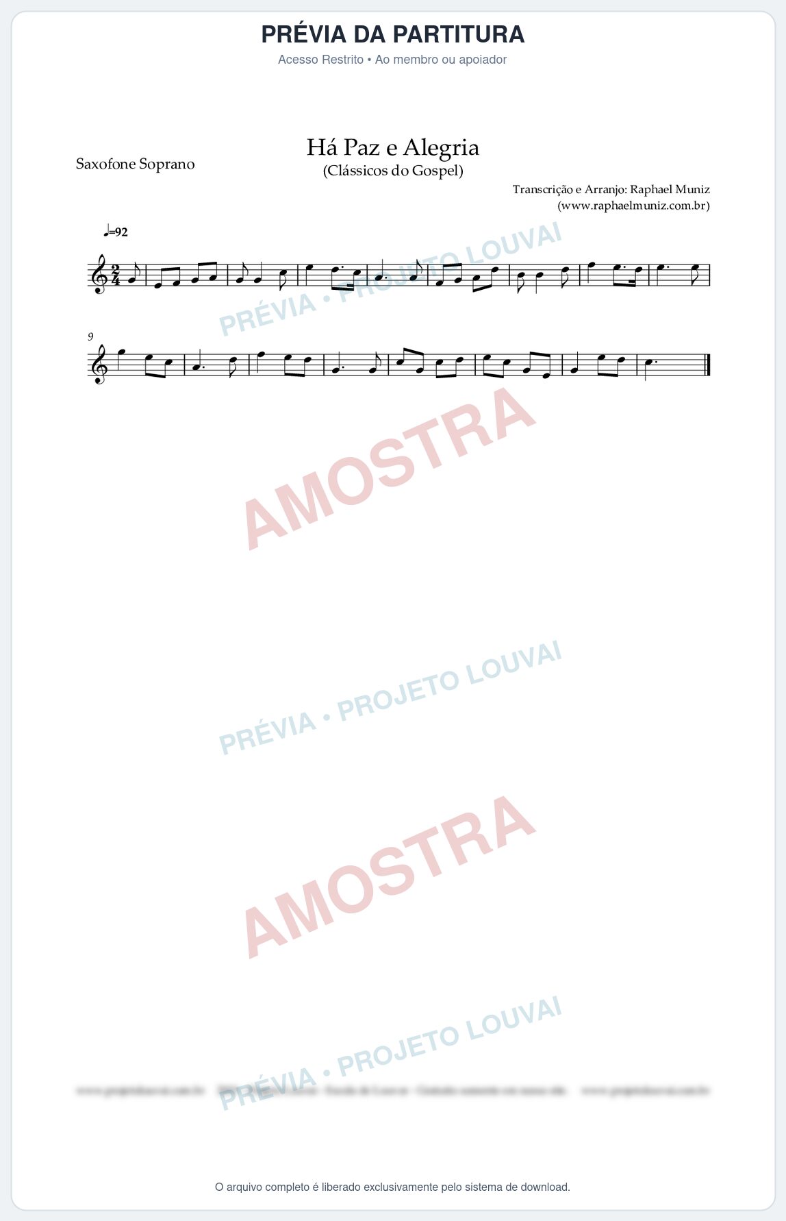 Prévia protegida da primeira página da partitura Partitura para Saxofone Soprano - Há Paz e Alegria - Harpa Cristã nº90 - Clássicos do Gospel