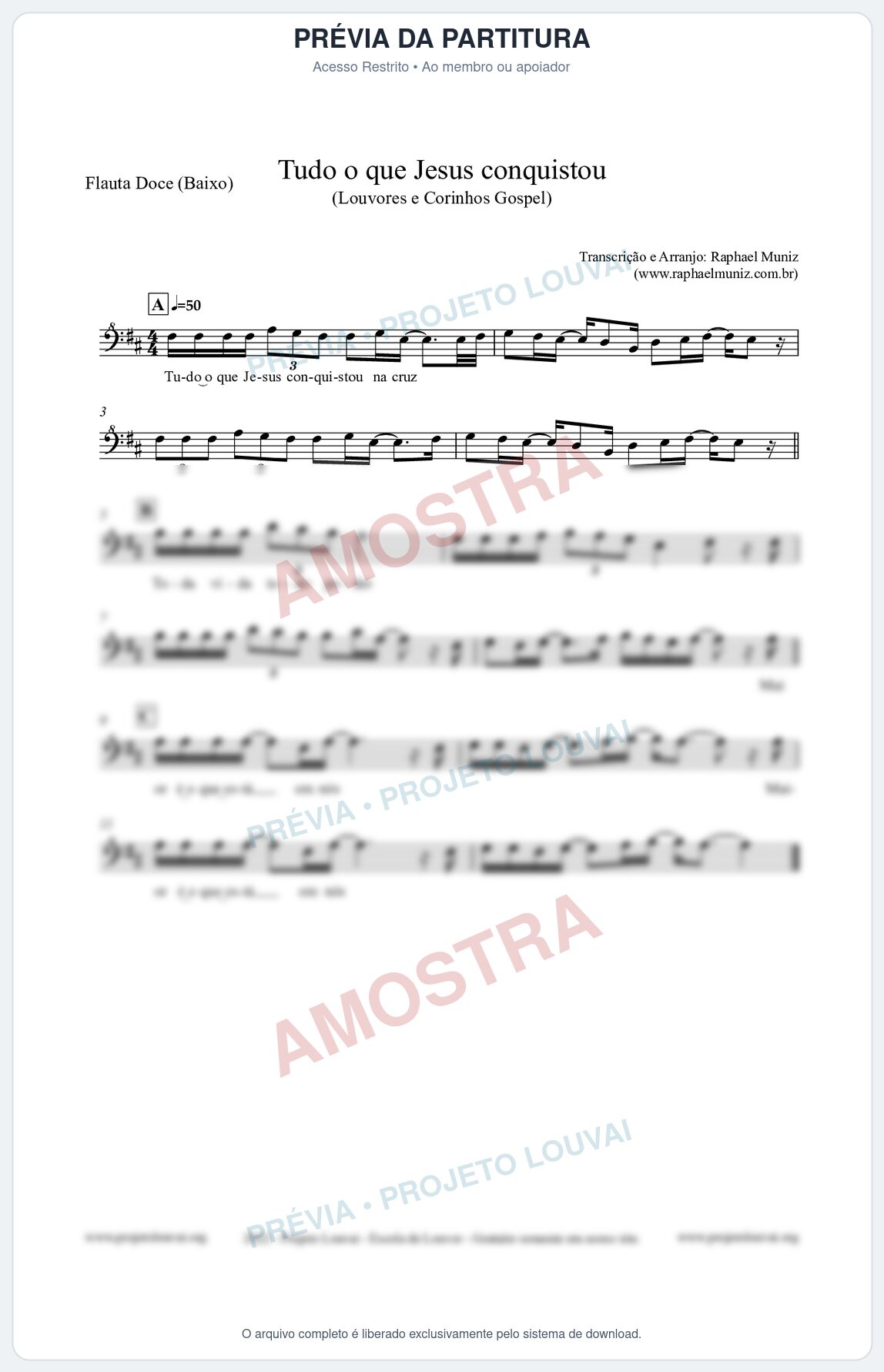 Prévia protegida da primeira página da partitura Partitura para Flauta Doce (Baixo) - Tudo o que Jesus conquistou - Louvores e Corinhos Gospel