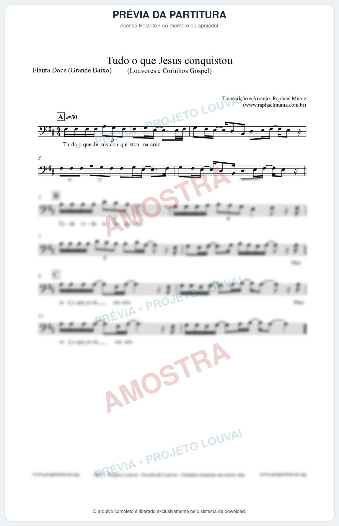 Prévia protegida da primeira página da partitura Partitura para Flauta Doce (Grande Baixo) - Tudo o que Jesus conquistou - Louvores e Corinhos Gospel