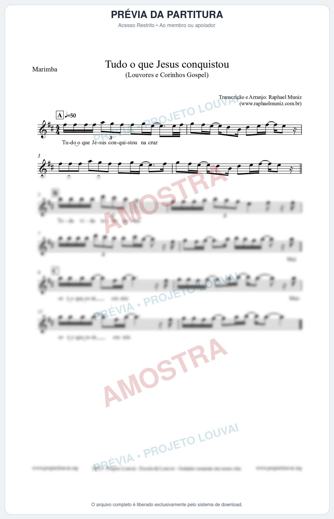 Prévia protegida da primeira página da partitura Partitura para Marimba - Tudo o que Jesus conquistou - Louvores e Corinhos Gospel