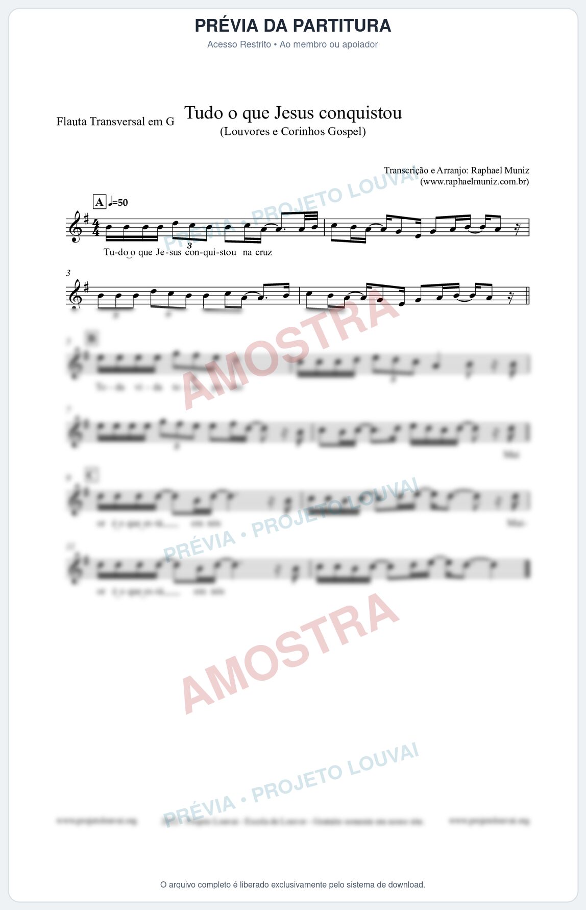 Prévia protegida da primeira página da partitura Partitura para Flauta Transversal em G - Tudo o que Jesus conquistou - Louvores e Corinhos Gospel