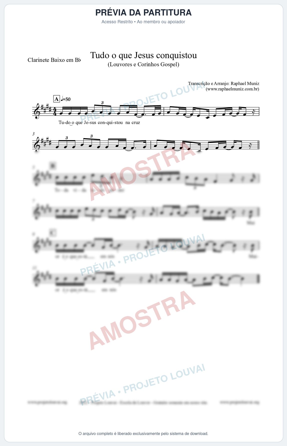 Prévia protegida da primeira página da partitura Partitura para Clarinete Baixo em Bb - Tudo o que Jesus conquistou - Louvores e Corinhos Gospel
