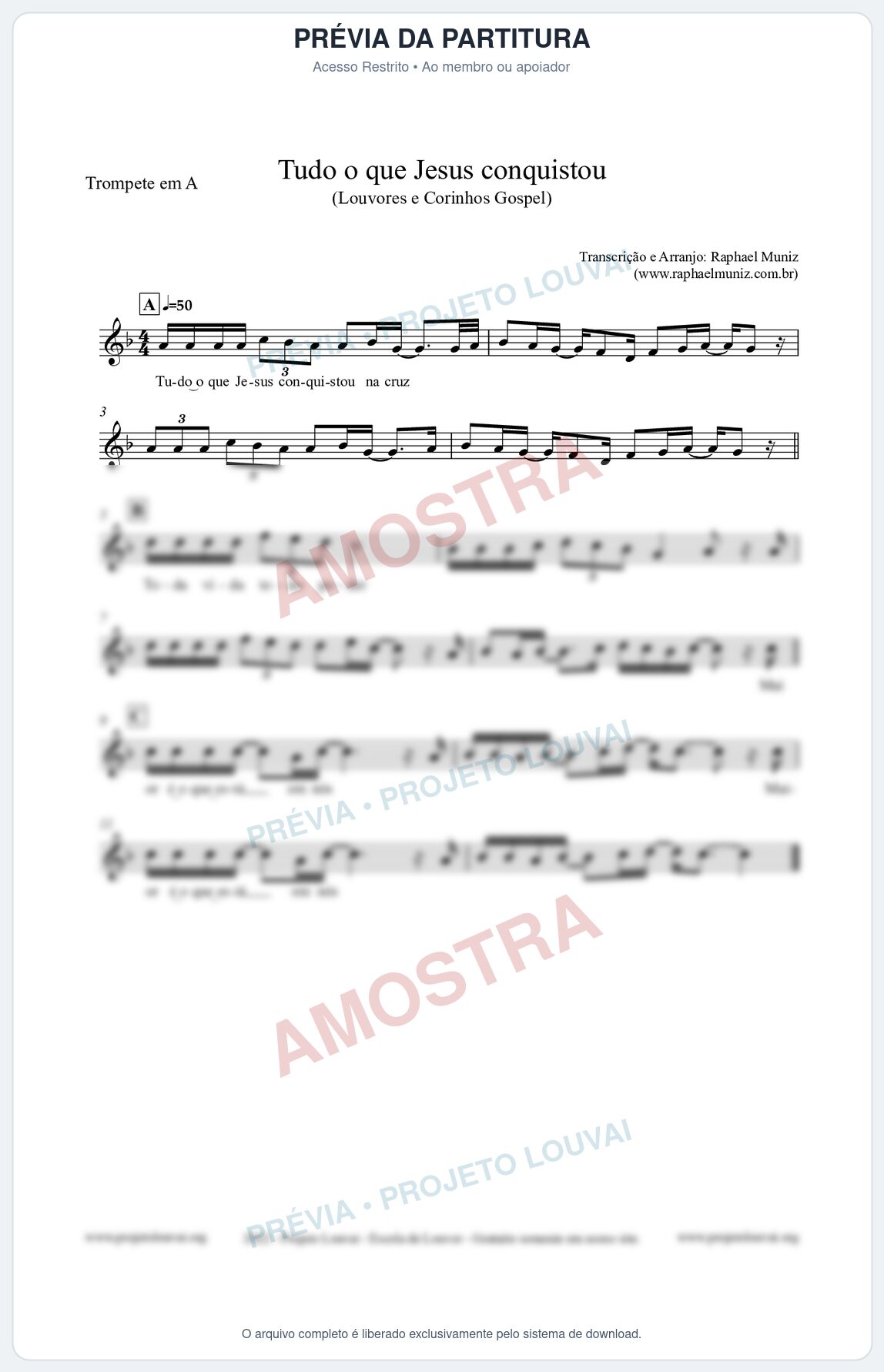 Prévia protegida da primeira página da partitura Partitura para Trompete em A - Tudo o que Jesus conquistou - Louvores e Corinhos Gospel