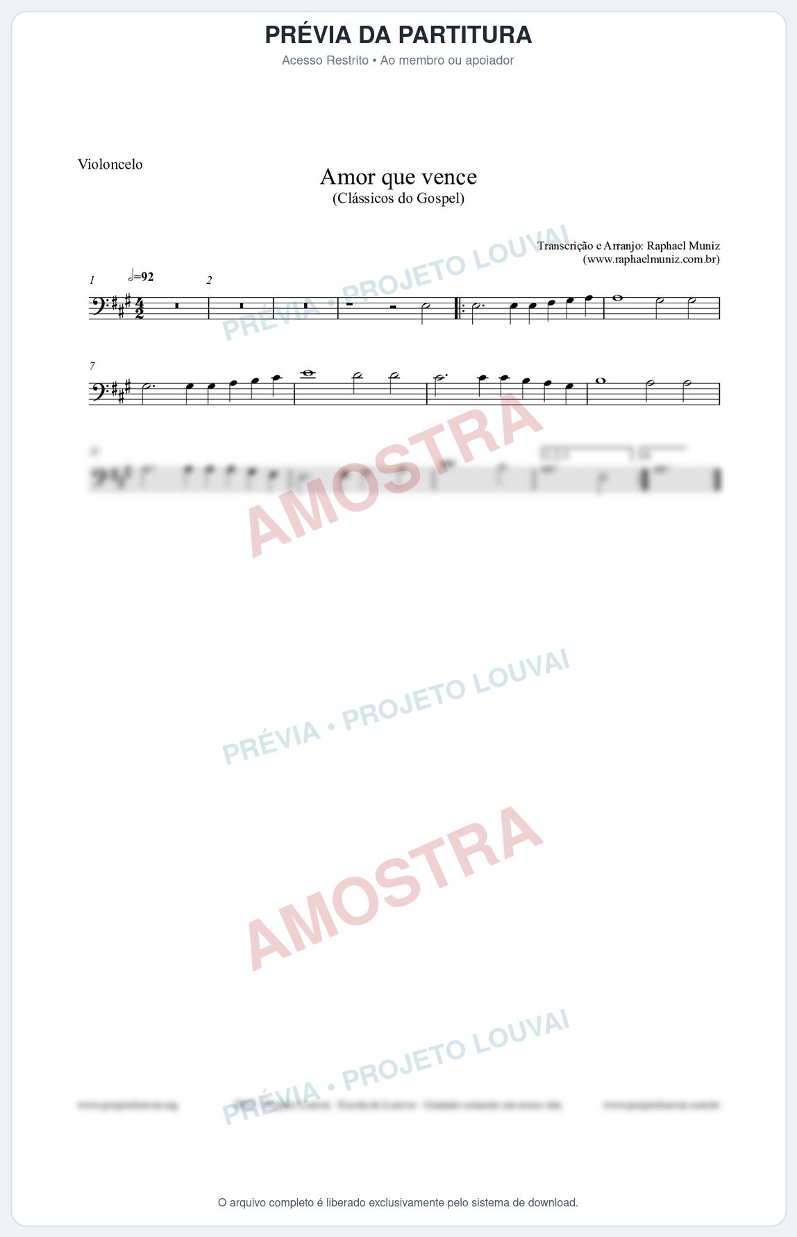 Prévia protegida da primeira página da partitura Partitura para Violoncelo - Amor que vence - Harpa Cristã nº27 - Clássicos do Gospel
