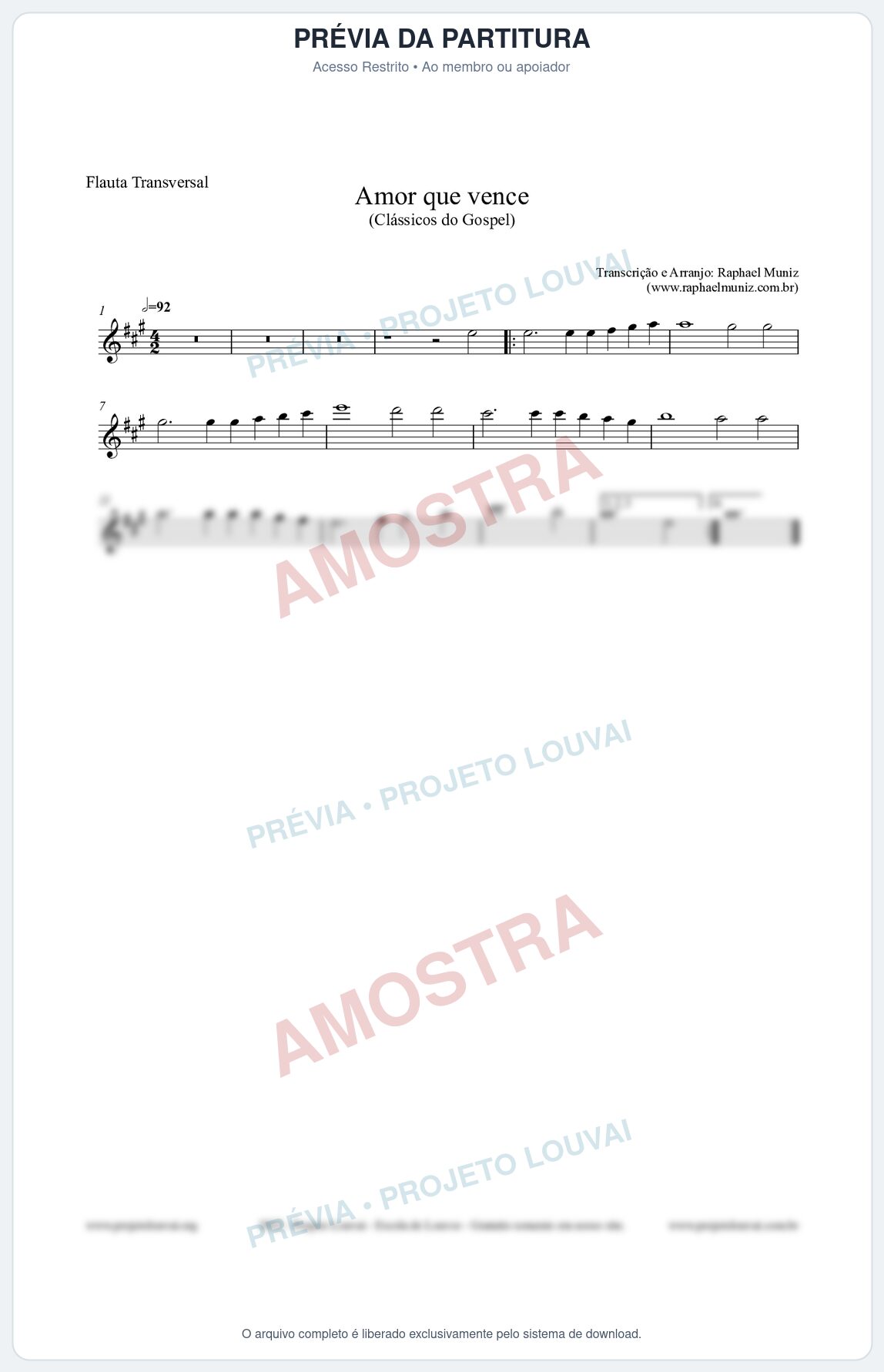 Prévia protegida da primeira página da partitura Partitura para Flauta Transversal - Amor que vence - Harpa Cristã nº27 - Clássicos do Gospel