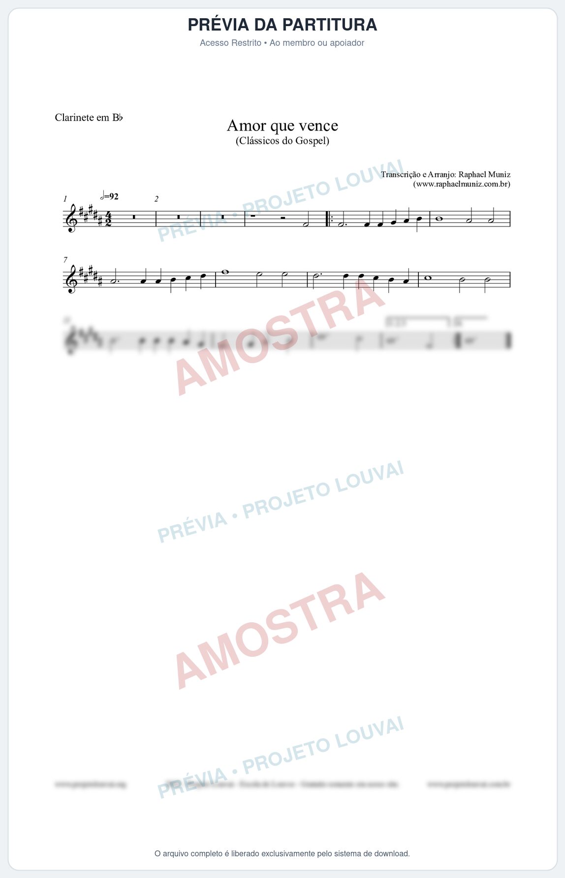 Prévia protegida da primeira página da partitura Partitura para Clarinete em Bb - Amor que vence - Harpa Cristã nº27 - Clássicos do Gospel