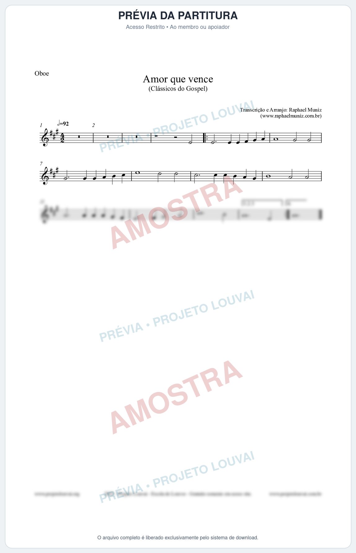 Prévia protegida da primeira página da partitura Partitura para Oboé - Amor que vence - Harpa Cristã nº27 - Clássicos do Gospel