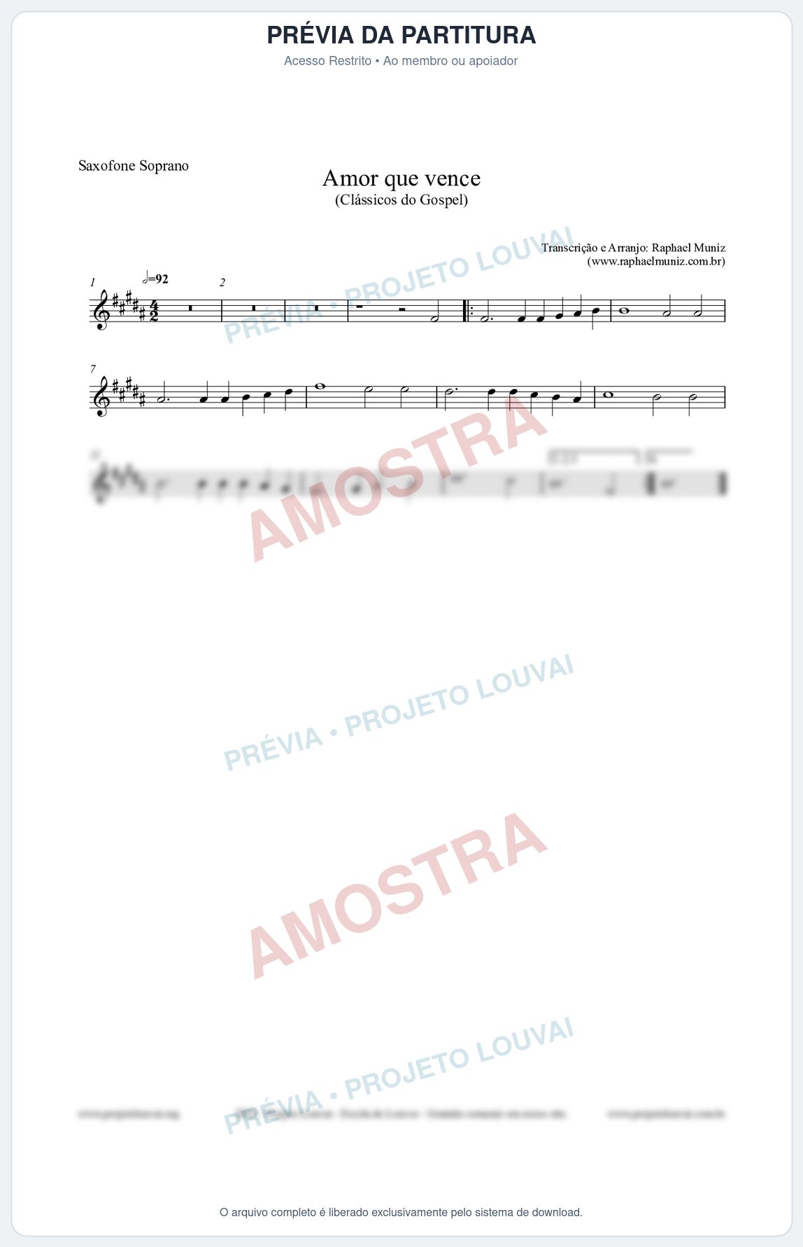 Prévia protegida da primeira página da partitura Partitura para Saxofone Soprano - Amor que vence - Harpa Cristã nº27 - Clássicos do Gospel