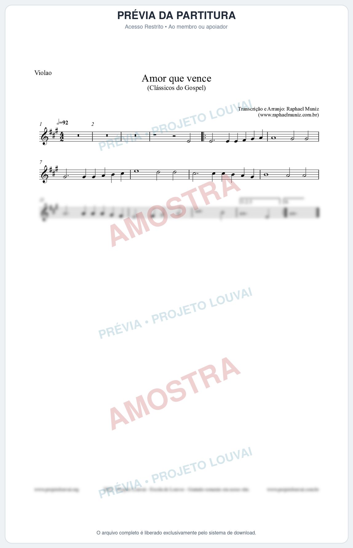 Prévia protegida da primeira página da partitura Partitura para Violão - Amor que vence - Harpa Cristã nº27 - Clássicos do Gospel