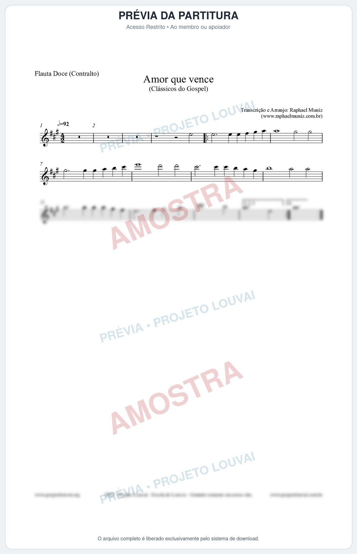 Prévia protegida da primeira página da partitura Partitura para Flauta Doce (Contralto) - Amor que vence - Harpa Cristã nº27 - Clássicos do Gospel