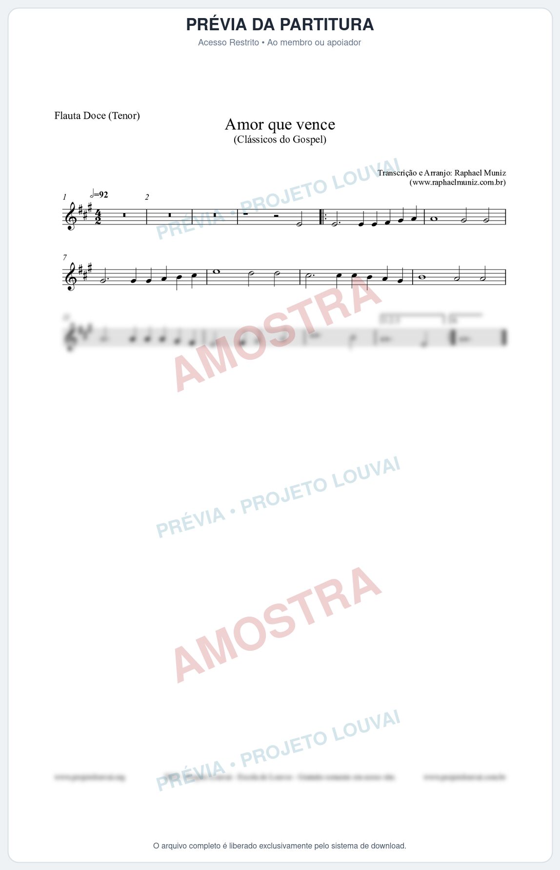 Prévia protegida da primeira página da partitura Partitura para Flauta Doce (Tenor) - Amor que vence - Harpa Cristã nº27 - Clássicos do Gospel