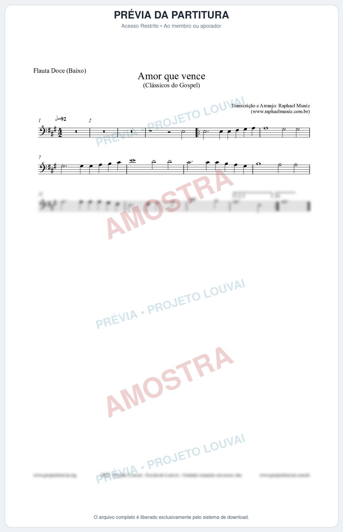 Prévia protegida da primeira página da partitura Partitura para Flauta Doce (Baixo) - Amor que vence - Harpa Cristã nº27 - Clássicos do Gospel