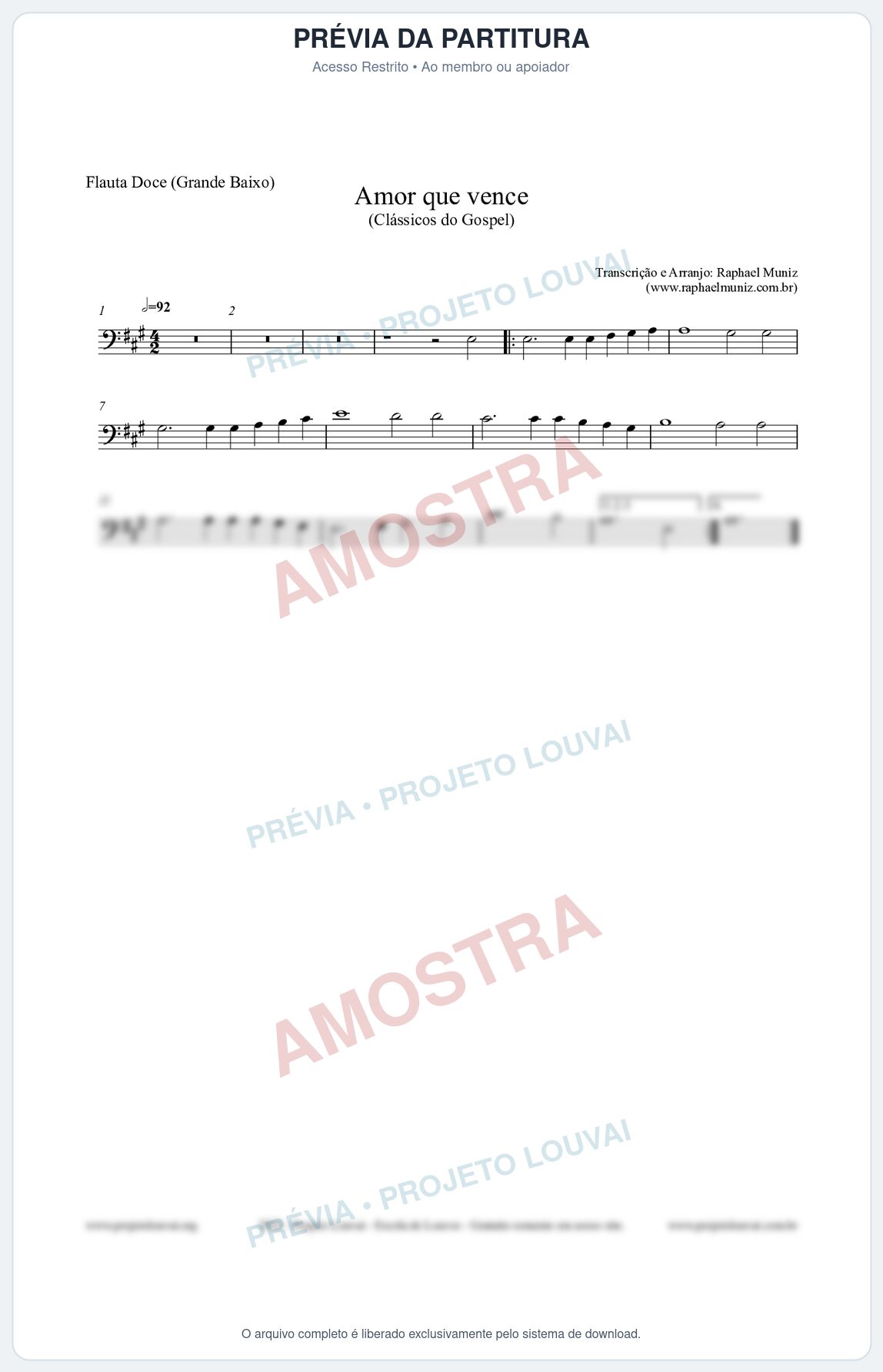 Prévia protegida da primeira página da partitura Partitura para Flauta Doce (Grande Baixo) - Amor que vence - Harpa Cristã nº27 - Clássicos do Gospel