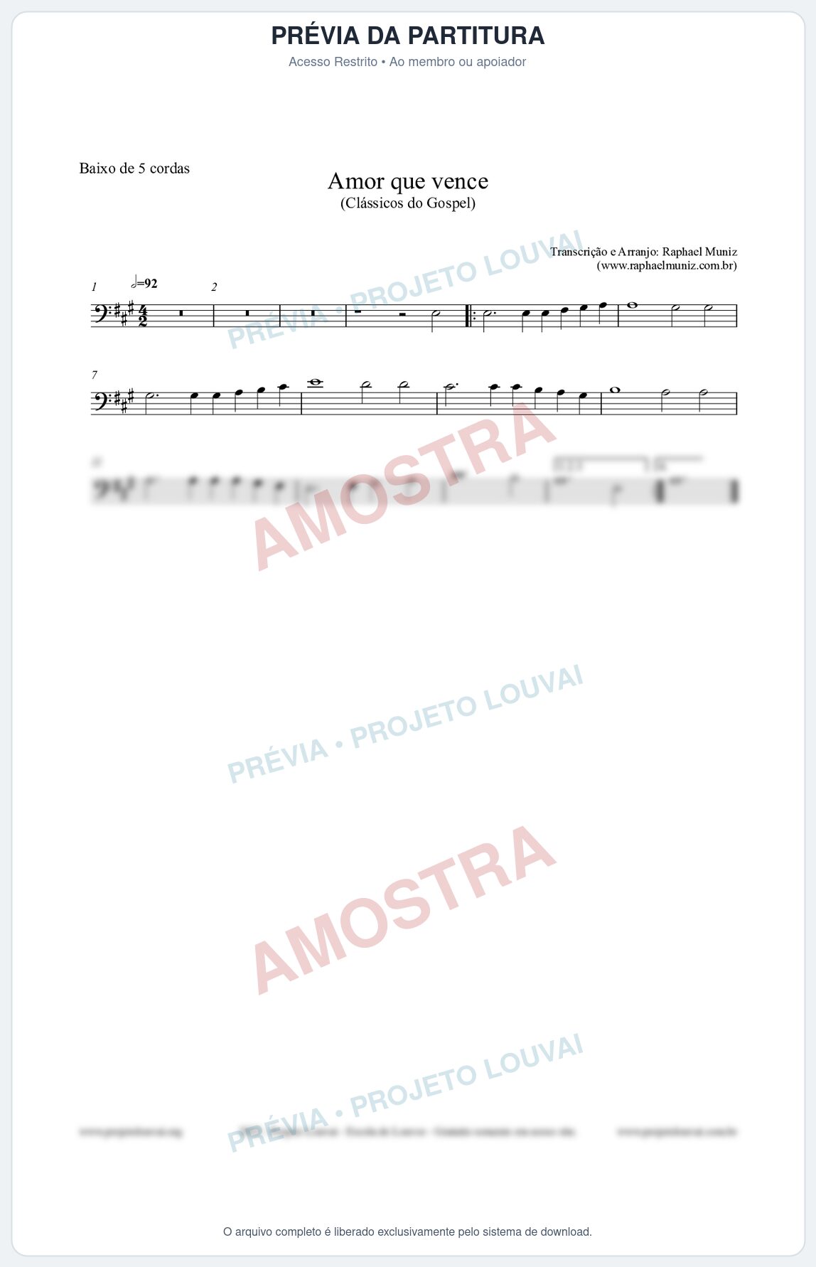 Prévia protegida da primeira página da partitura Partitura para Baixo de 5 cordas - Amor que vence - Harpa Cristã nº27 - Clássicos do Gospel