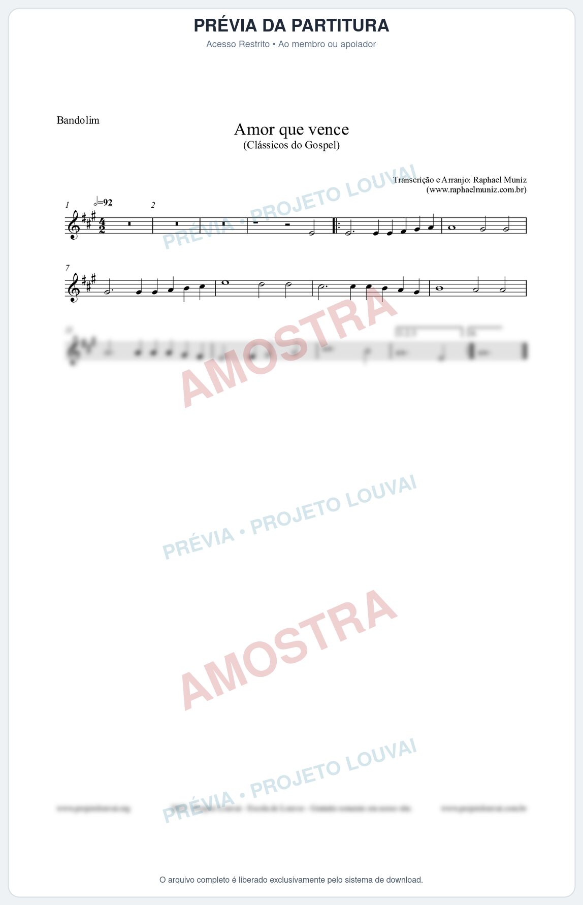 Prévia protegida da primeira página da partitura Partitura para Bandolim - Amor que vence - Harpa Cristã nº27 - Clássicos do Gospel