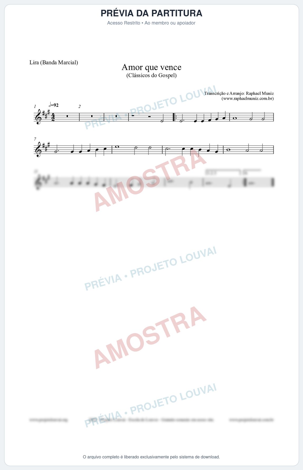 Prévia protegida da primeira página da partitura Partitura para Lira (Banda Marcial) - Amor que vence - Harpa Cristã nº27 - Clássicos do Gospel