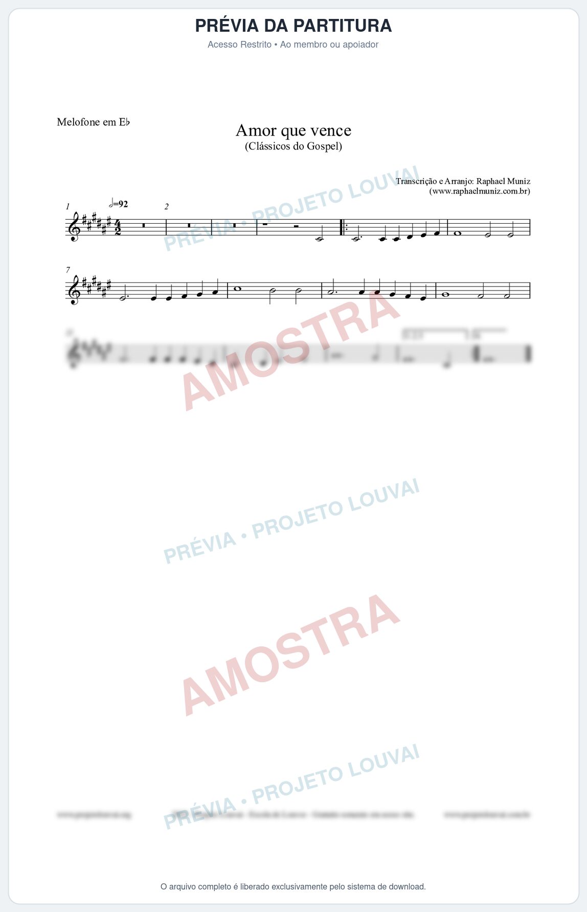 Prévia protegida da primeira página da partitura Partitura para Melofone em Eb - Amor que vence - Harpa Cristã nº27 - Clássicos do Gospel