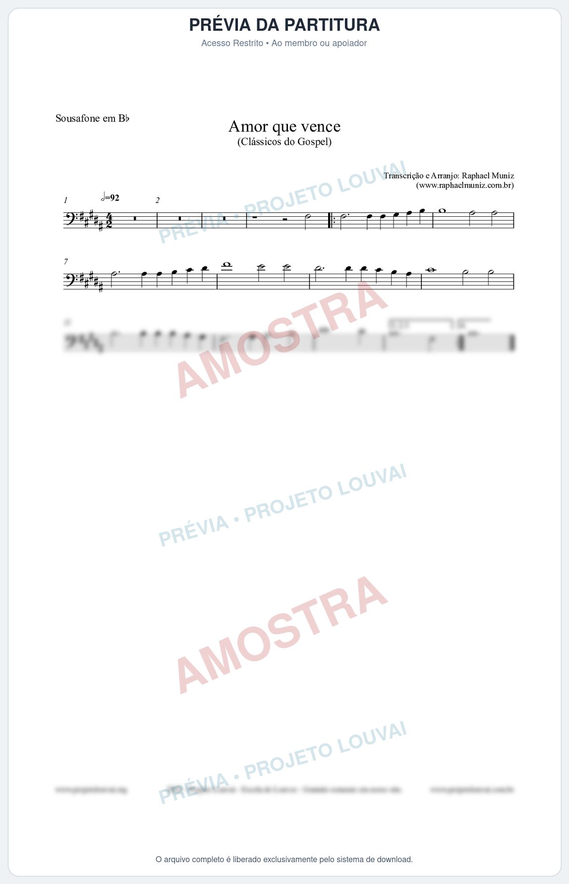 Prévia protegida da primeira página da partitura Partitura para Sousafone em Bb - Amor que vence - Harpa Cristã nº27 - Clássicos do Gospel