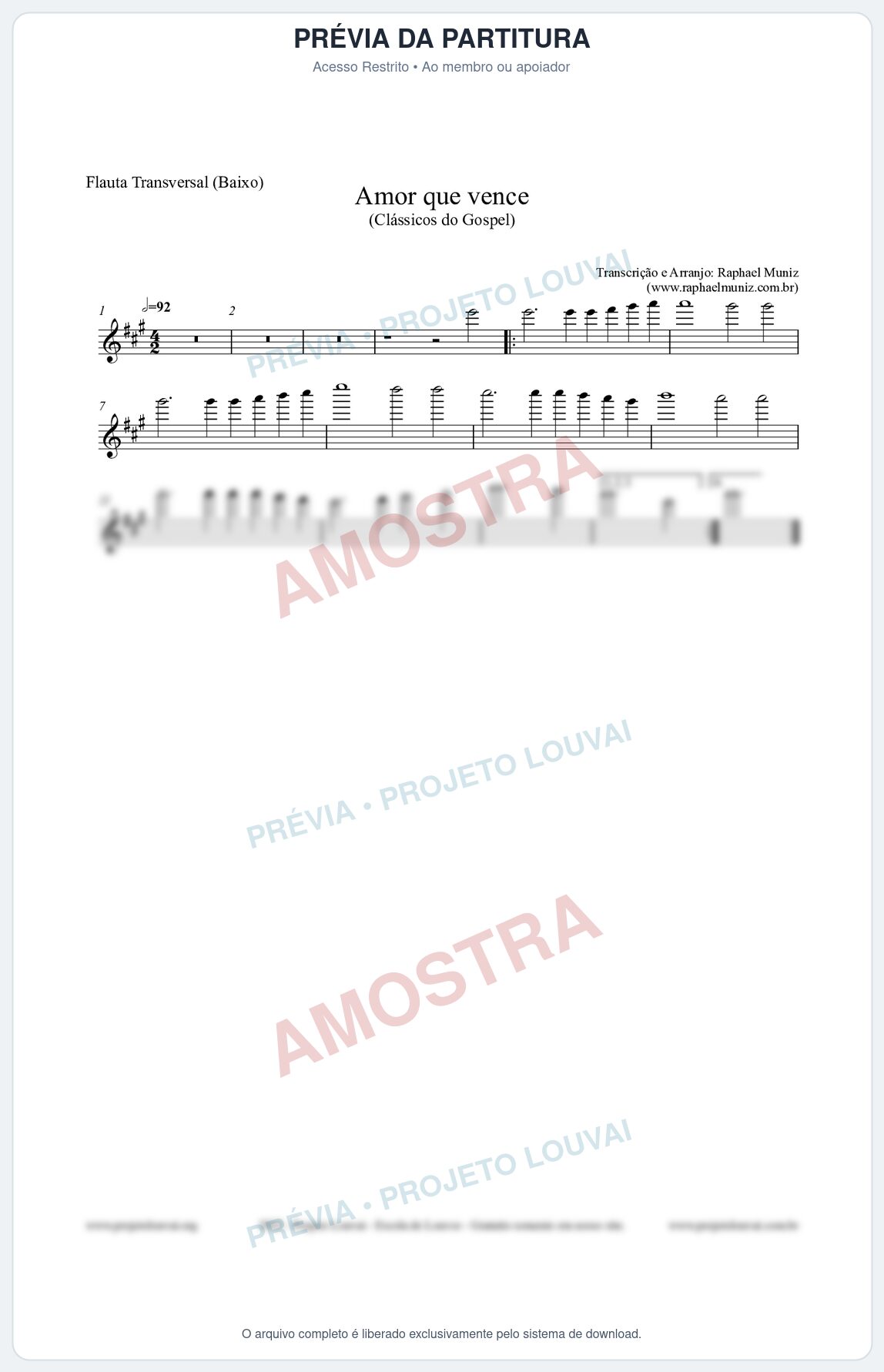 Prévia protegida da primeira página da partitura Partitura para Flauta Transversal (Baixo) - Amor que vence - Harpa Cristã nº27 - Clássicos do Gospel