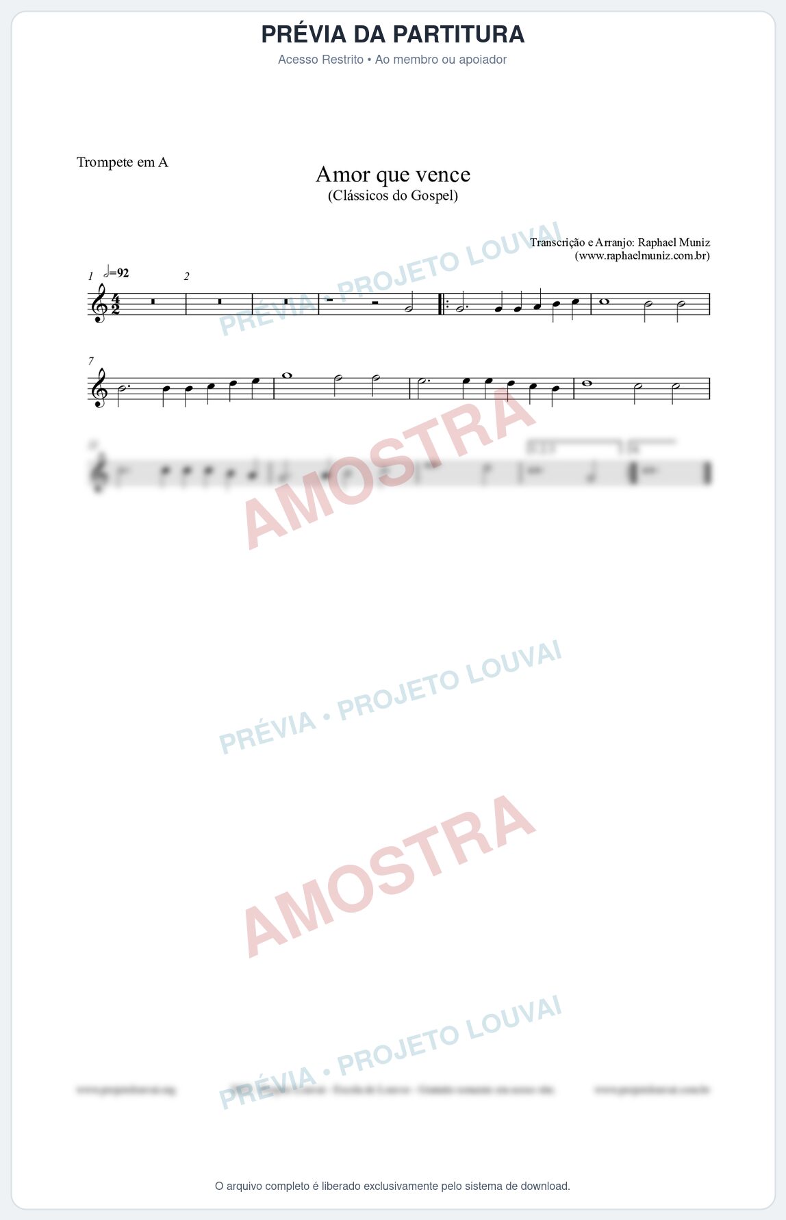 Prévia protegida da primeira página da partitura Partitura para Trompete em A - Amor que vence - Harpa Cristã nº27 - Clássicos do Gospel