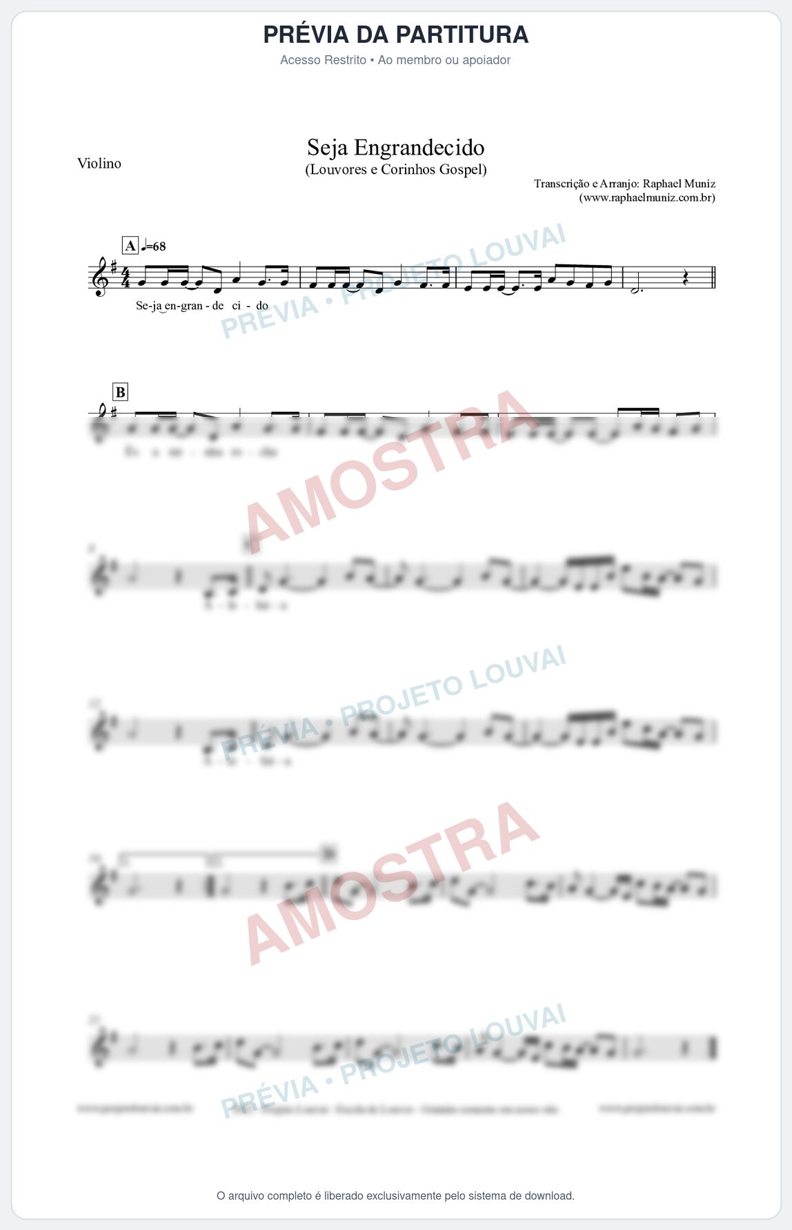 Prévia protegida da primeira página da partitura Partitura para Violino - Seja Engrandecido - Louvores e Corinhos Gospel