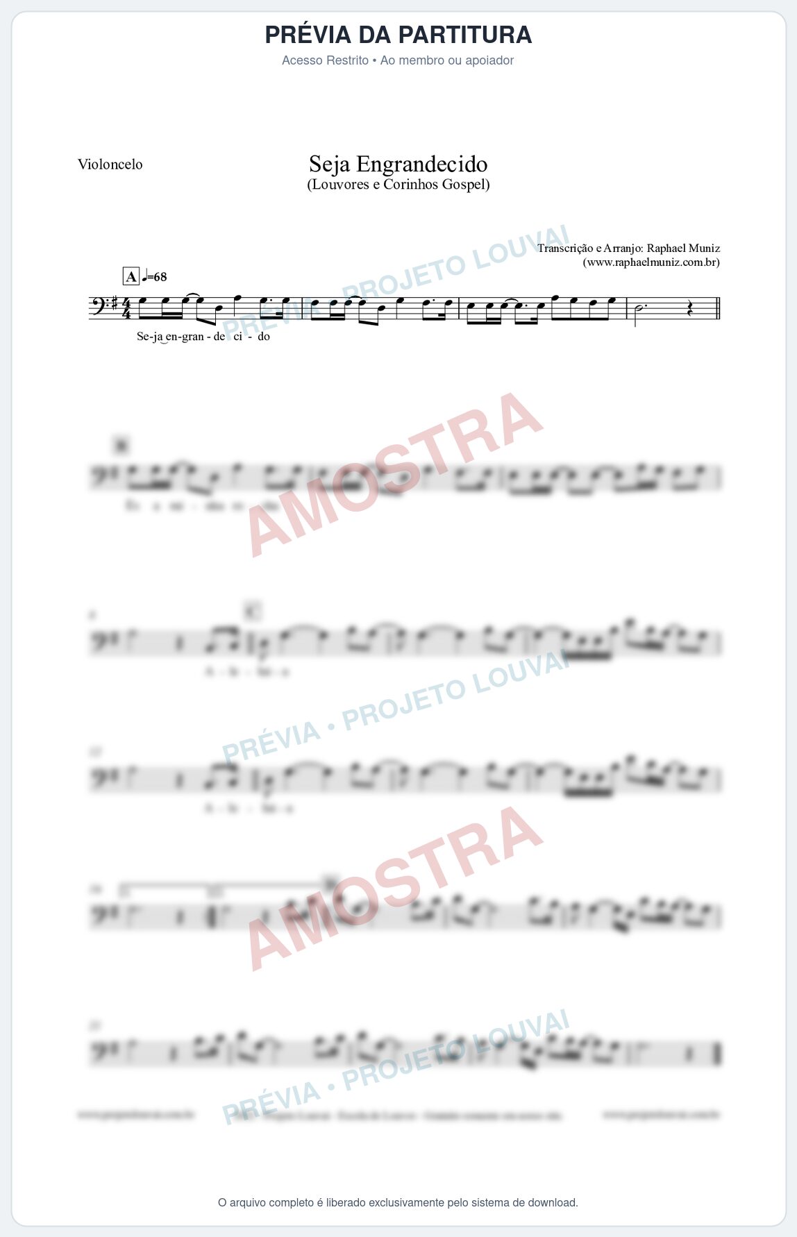 Prévia protegida da primeira página da partitura Partitura para Violoncelo - Seja Engrandecido - Louvores e Corinhos Gospel