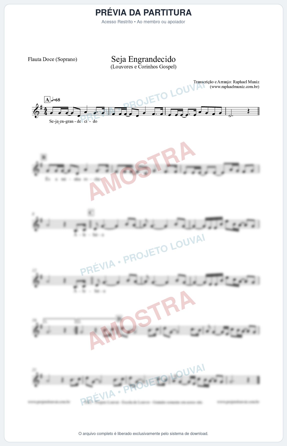 Prévia protegida da primeira página da partitura Partitura para Flauta Doce (Soprano) - Seja Engrandecido - Louvores e Corinhos Gospel