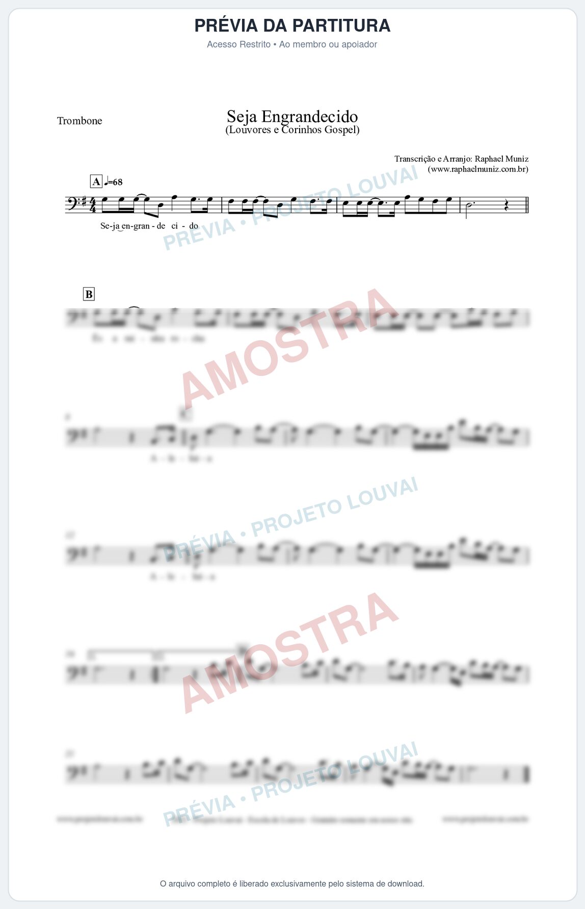 Prévia protegida da primeira página da partitura Partitura para Trombone - Seja Engrandecido - Louvores e Corinhos Gospel