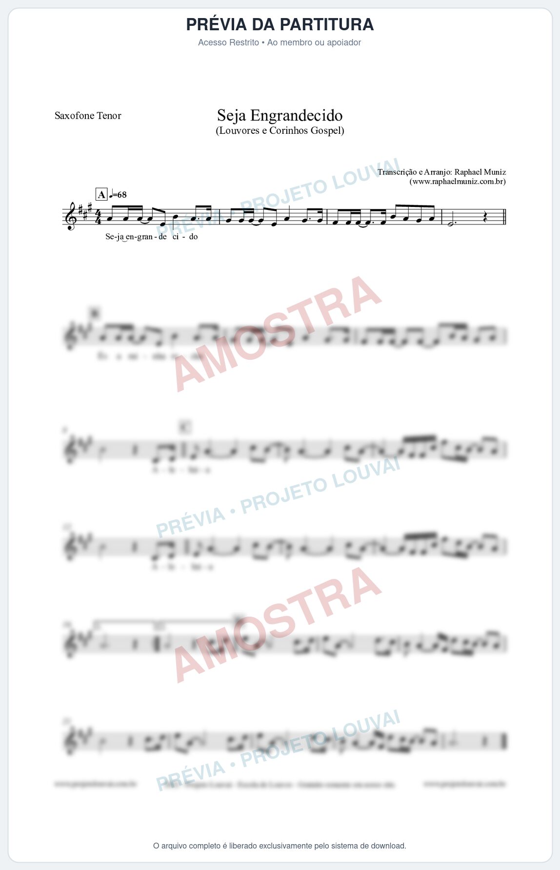 Prévia protegida da primeira página da partitura Partitura para Saxofone Tenor - Seja Engrandecido - Louvores e Corinhos Gospel