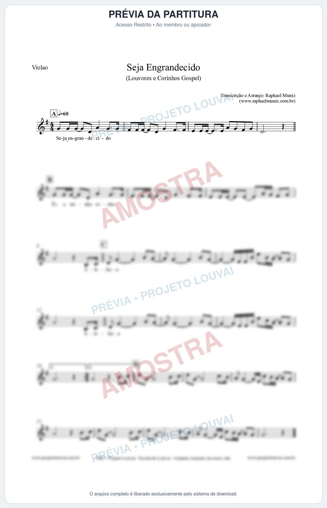 Prévia protegida da primeira página da partitura Partitura para Violão - Seja Engrandecido - Louvores e Corinhos Gospel