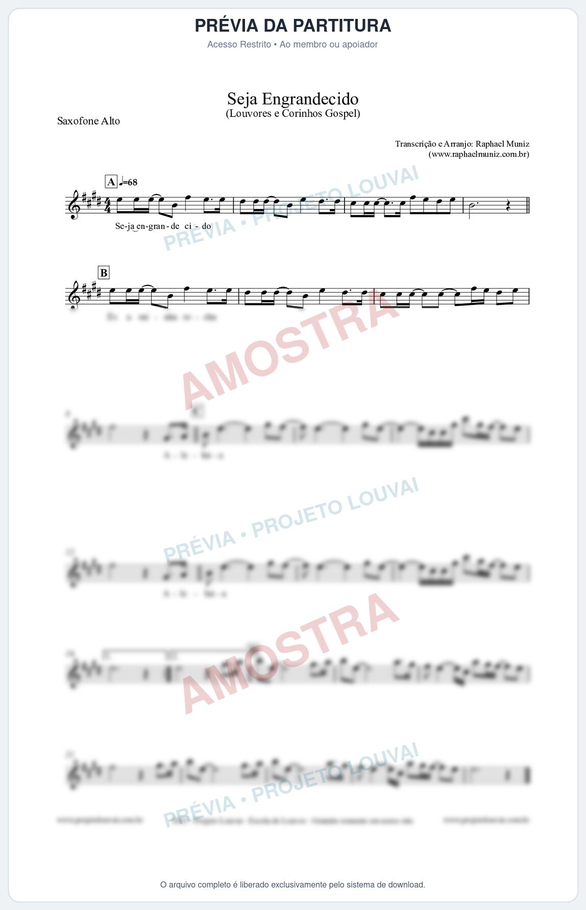 Prévia protegida da primeira página da partitura Partitura para Saxofone Alto - Seja Engrandecido - Louvores e Corinhos Gospel