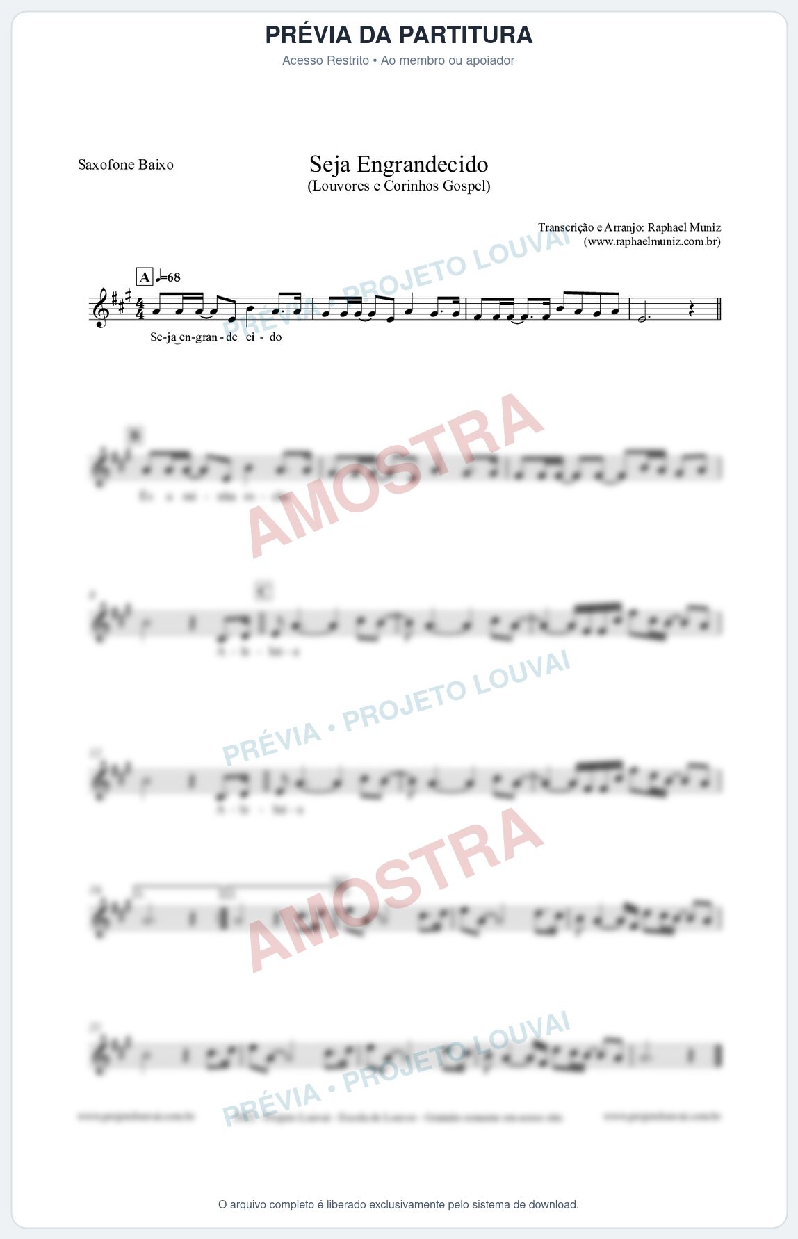 Prévia protegida da primeira página da partitura Partitura para Saxofone Baixo - Seja Engrandecido - Louvores e Corinhos Gospel