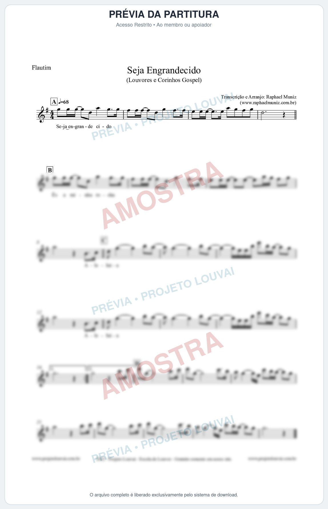 Prévia protegida da primeira página da partitura Partitura para Flautim - Seja Engrandecido - Louvores e Corinhos Gospel
