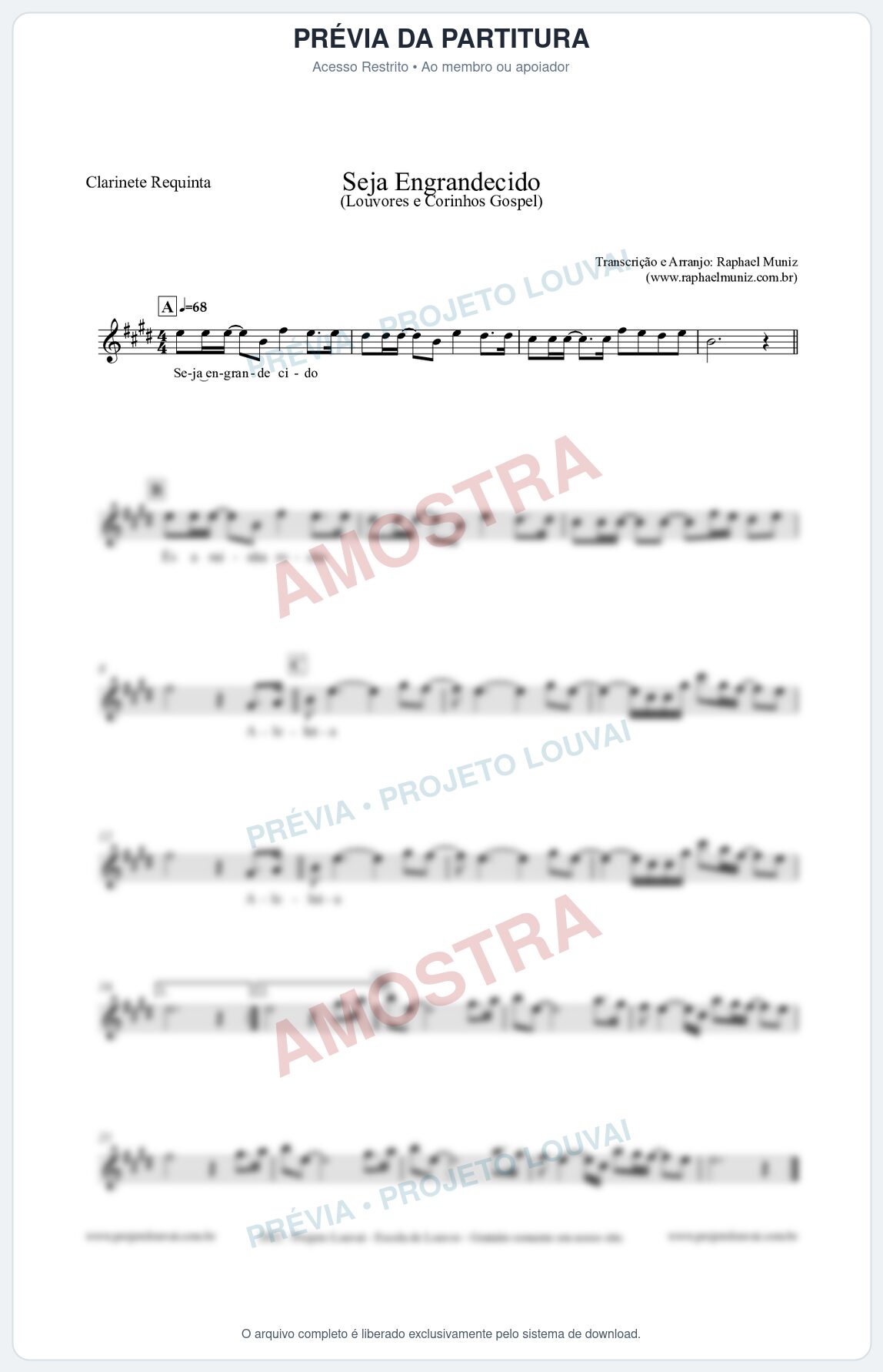 Prévia protegida da primeira página da partitura Partitura para Clarinete Requinta - Seja Engrandecido - Louvores e Corinhos Gospel
