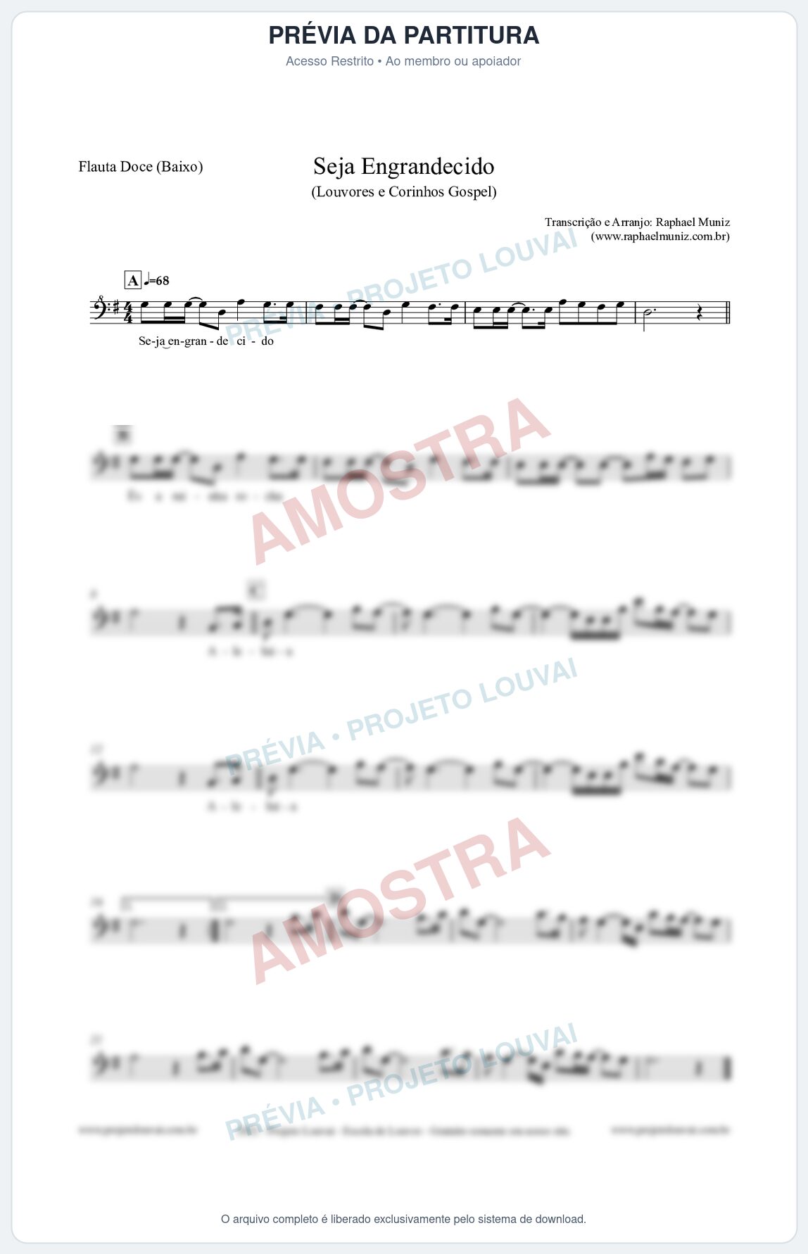 Prévia protegida da primeira página da partitura Partitura para Flauta Doce (Baixo) - Seja Engrandecido - Louvores e Corinhos Gospel