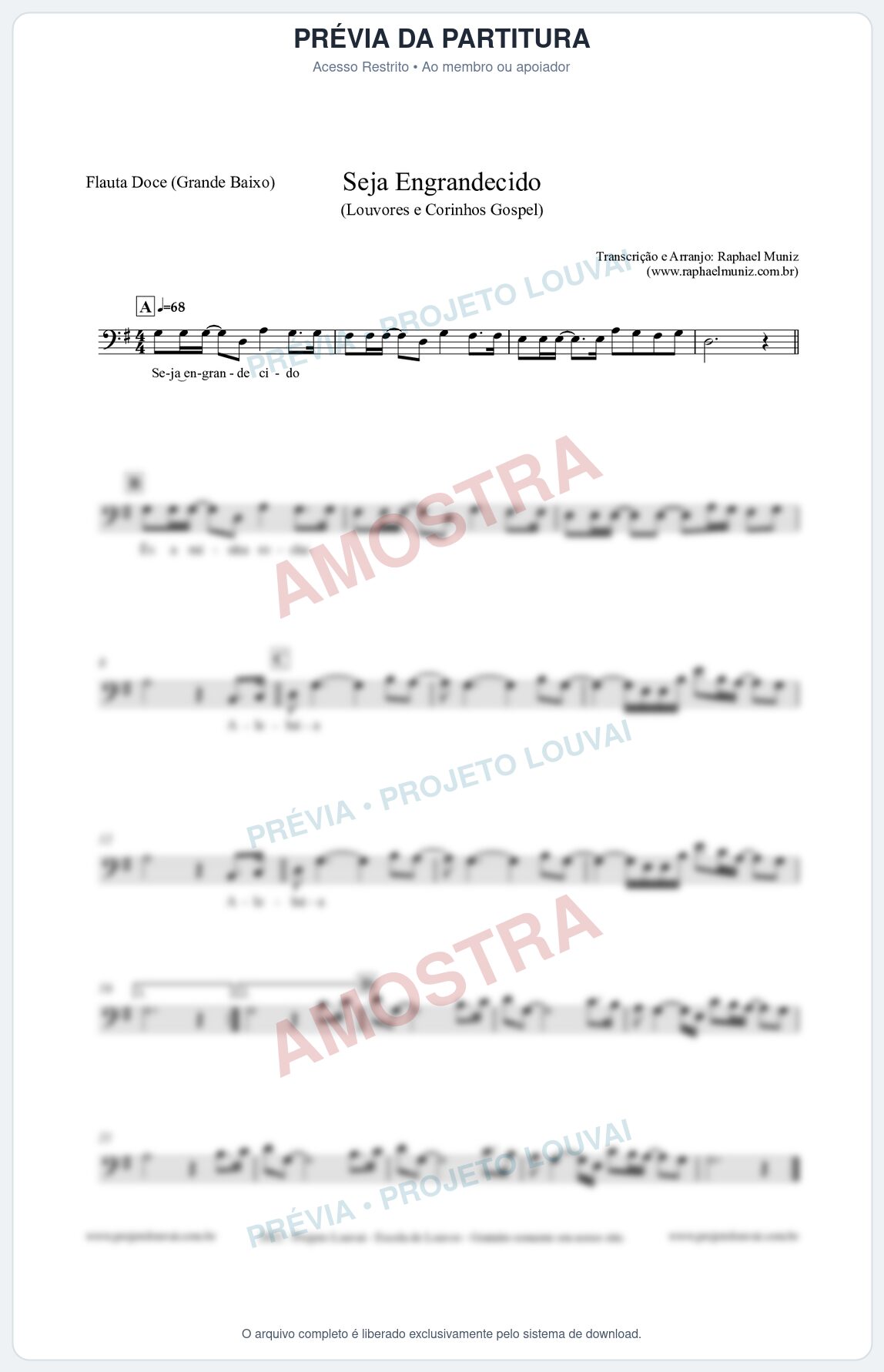 Prévia protegida da primeira página da partitura Partitura para Flauta Doce (Grande Baixo) - Seja Engrandecido - Louvores e Corinhos Gospel