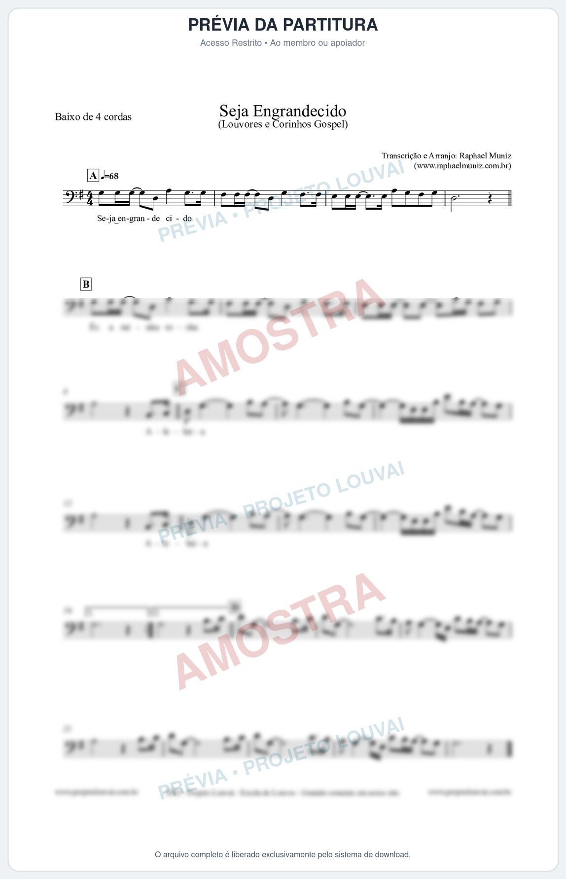 Prévia protegida da primeira página da partitura Partitura para Baixo de 4 cordas - Seja Engrandecido - Louvores e Corinhos Gospel