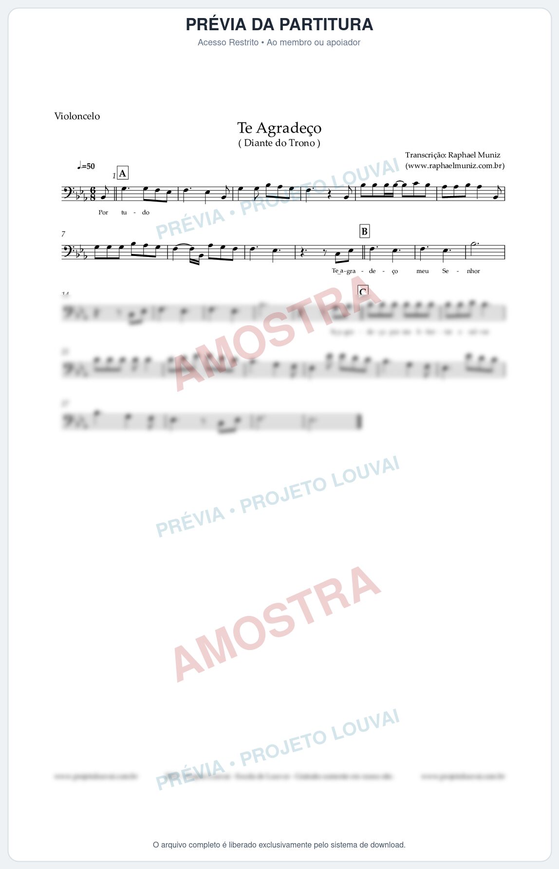 Prévia protegida da primeira página da partitura Partitura para Violoncelo - Te Agradeço - Diante do Trono