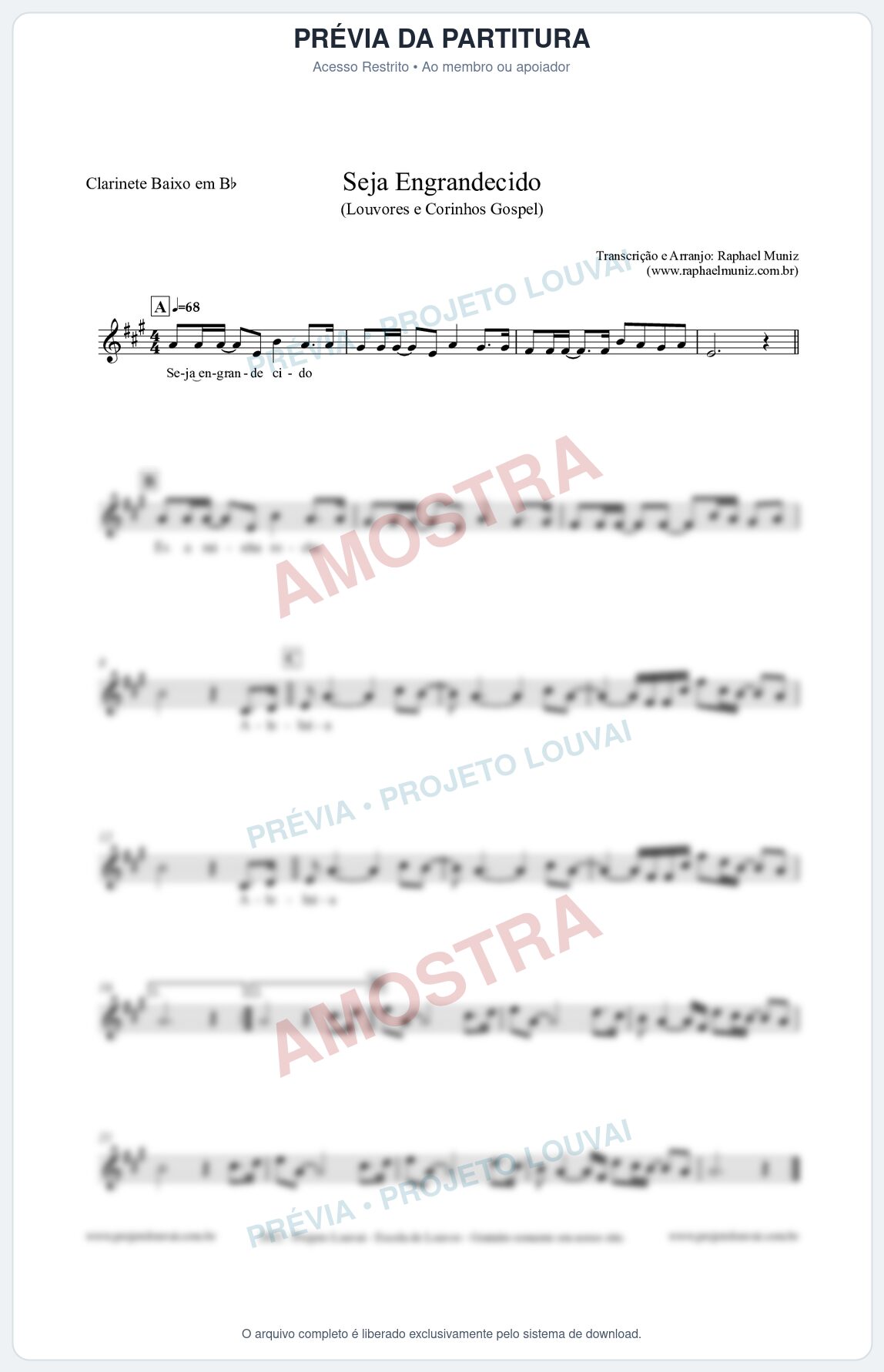 Prévia protegida da primeira página da partitura Partitura para Clarinete Baixo em Bb - Seja Engrandecido - Louvores e Corinhos Gospel