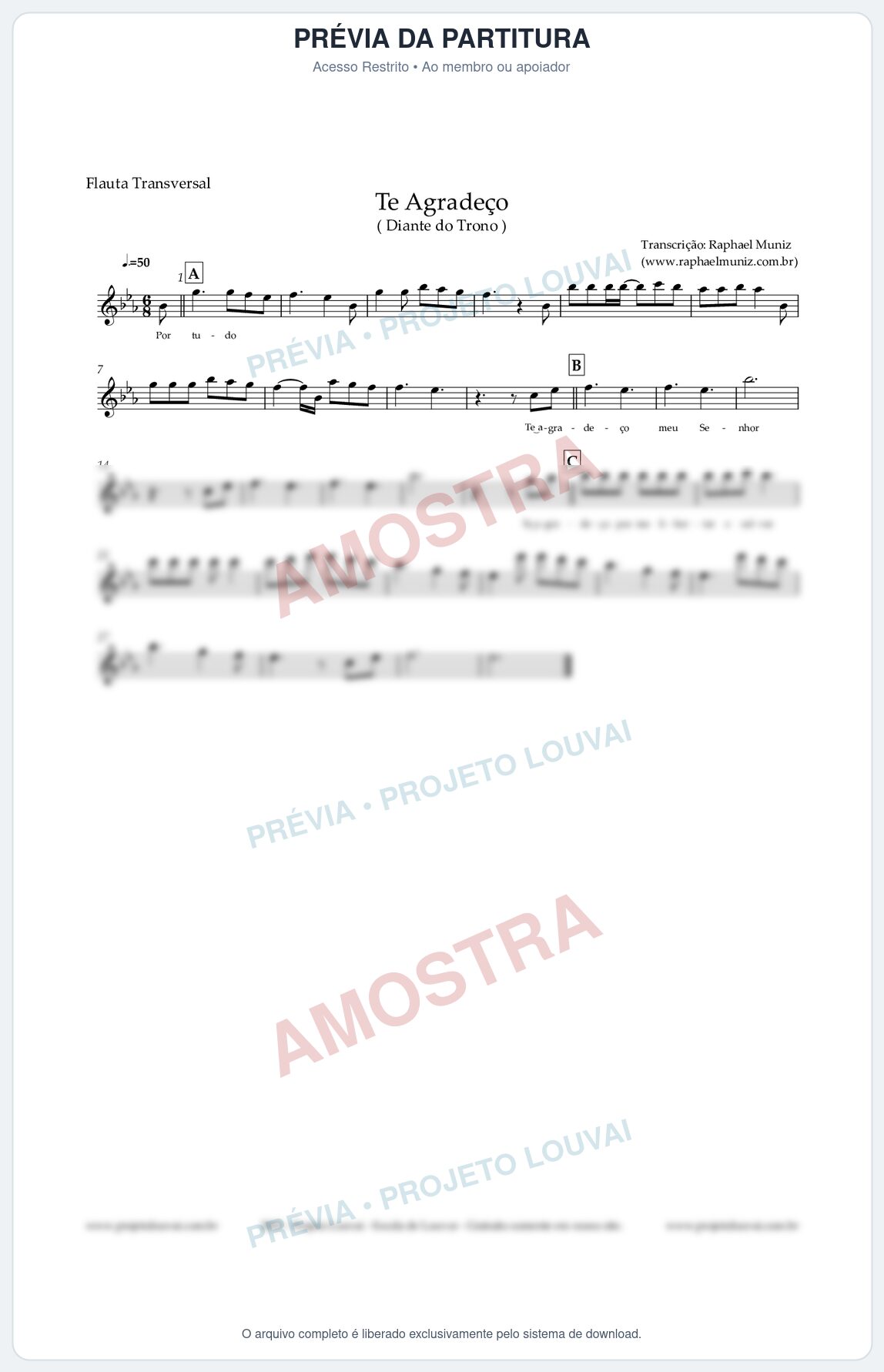 Prévia protegida da primeira página da partitura Partitura para Flauta Transversal - Te Agradeço - Diante do Trono