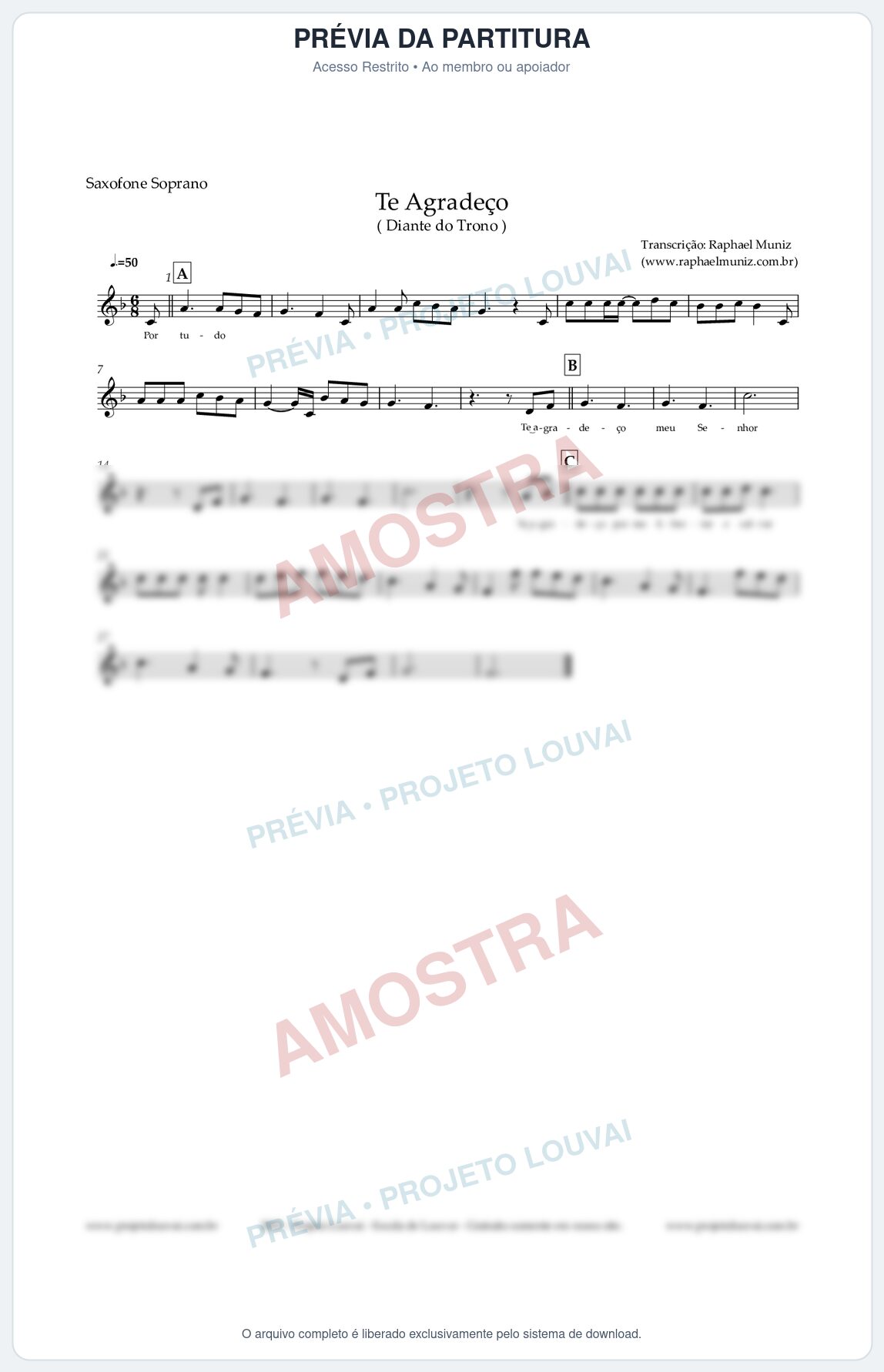 Prévia protegida da primeira página da partitura Partitura para Saxofone Soprano - Te Agradeço - Diante do Trono