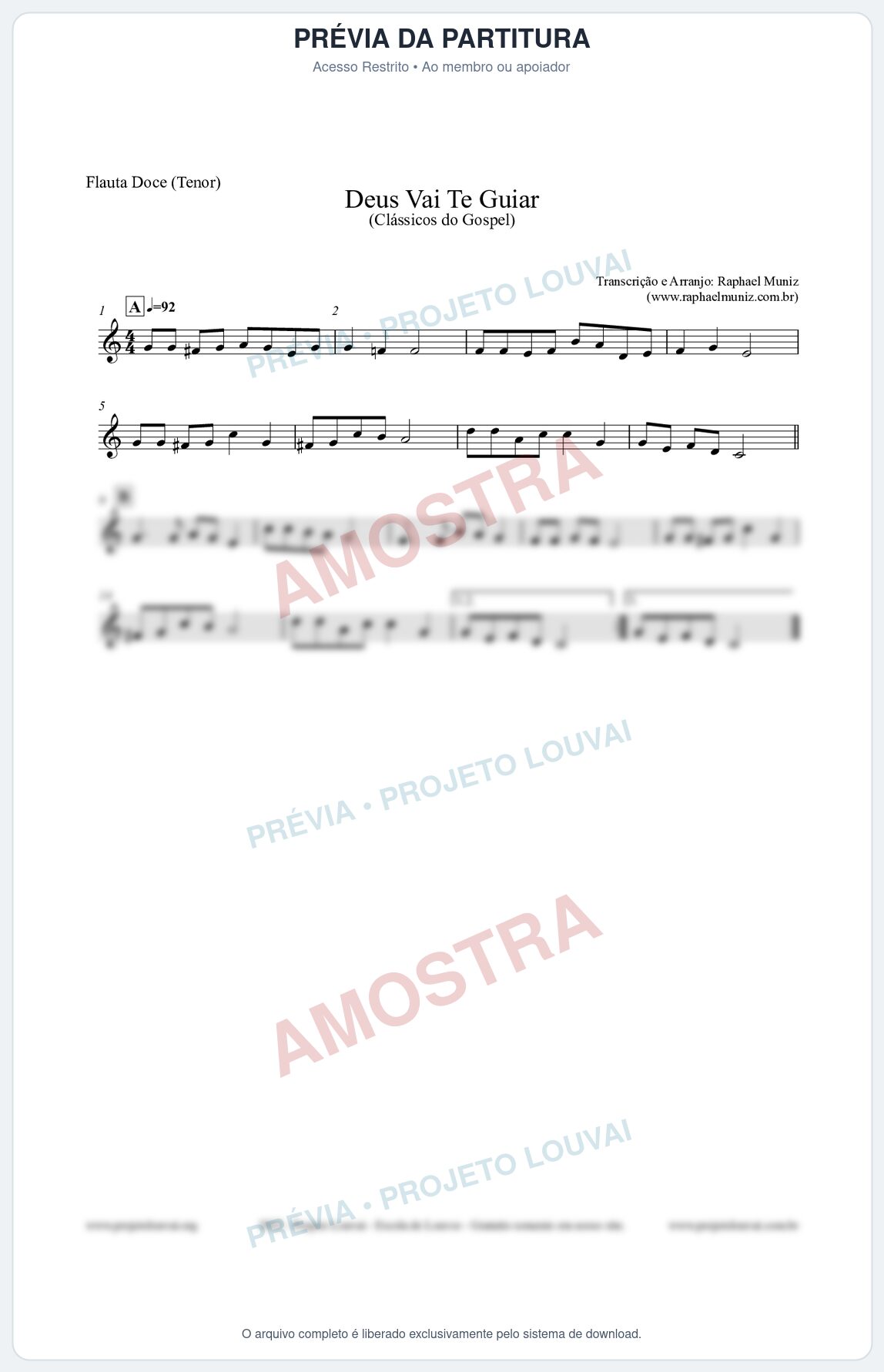 Prévia protegida da primeira página da partitura Partitura para Flauta Doce (Tenor) - Deus Vai Te Guiar - Harpa Cristã nº28 - Clássicos do Gospel