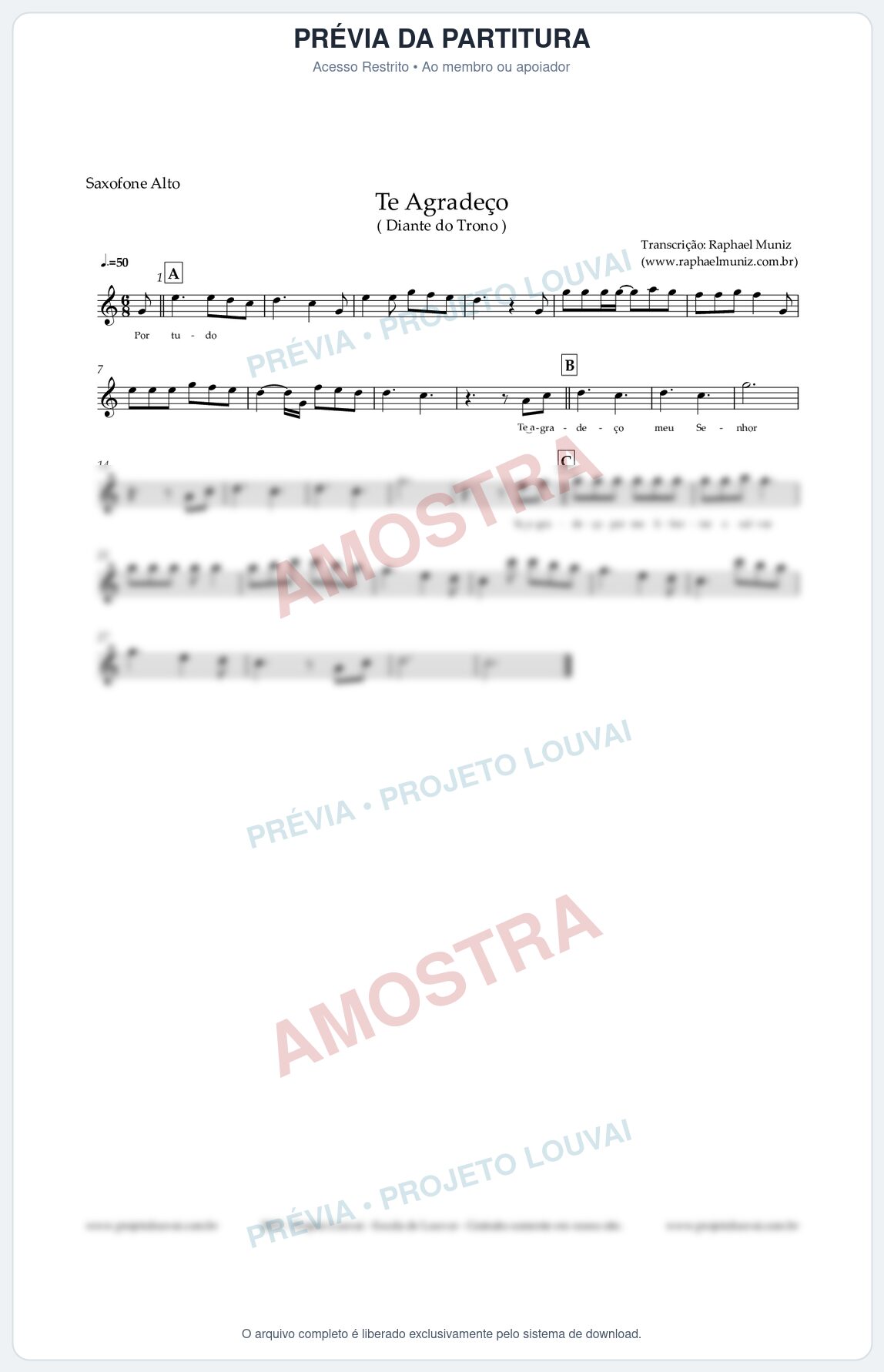 Prévia protegida da primeira página da partitura Partitura para Saxofone Alto - Te Agradeço - Diante do Trono