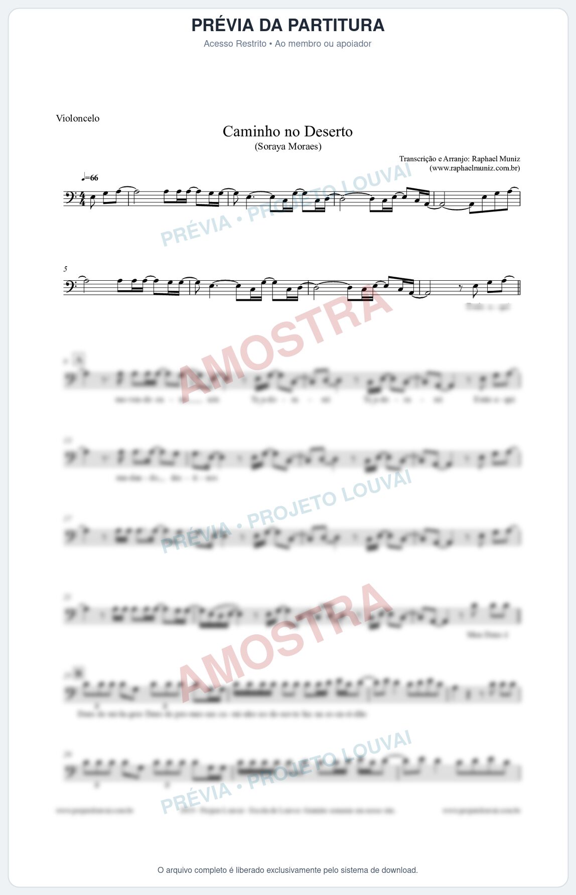 Prévia protegida da primeira página da partitura Partitura para Violoncelo - Caminho no Deserto (Tom Facilitado) - Soraya Moraes