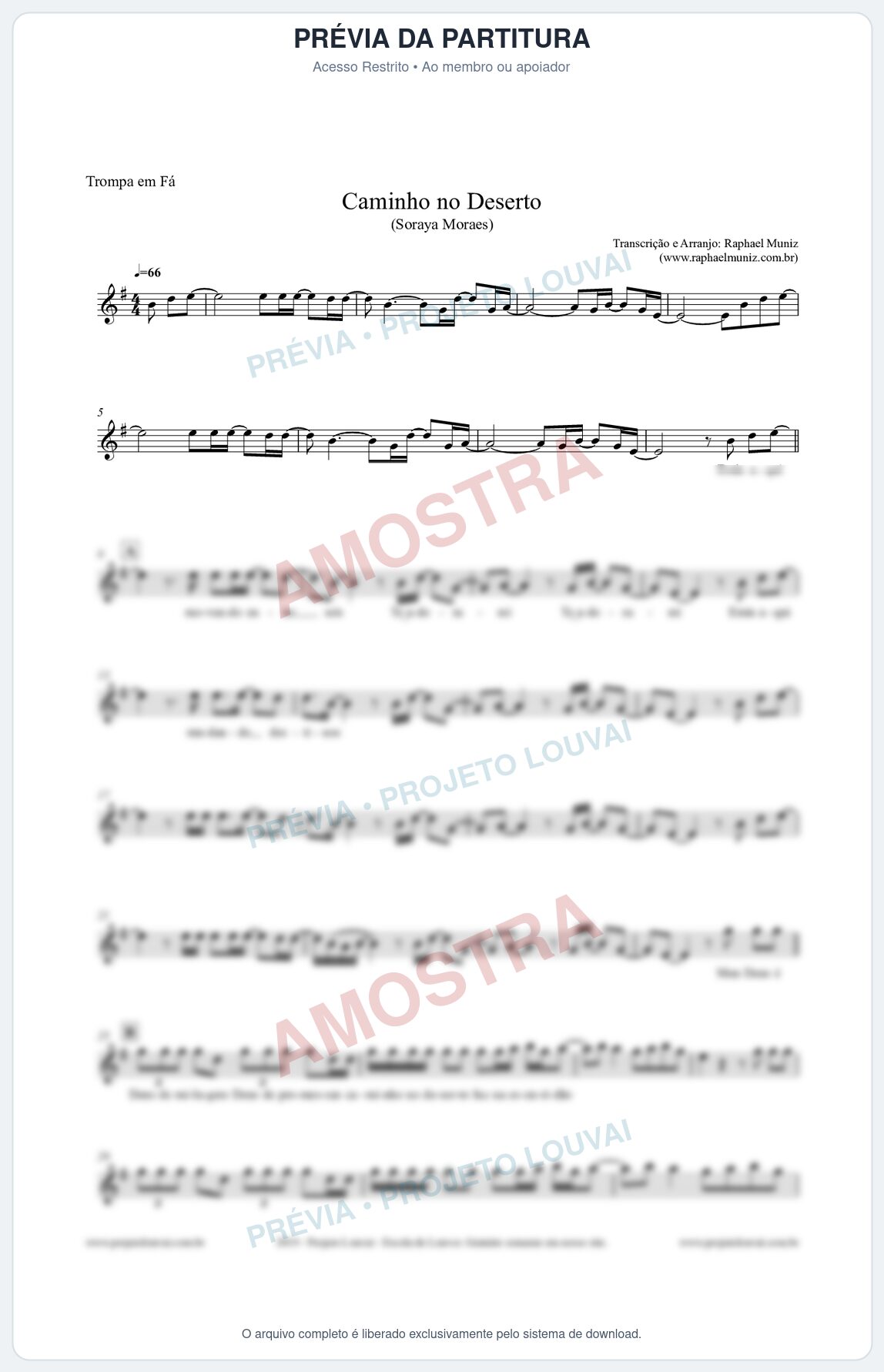 Prévia protegida da primeira página da partitura Partitura para Trompa em Fá (Tom Facilitado)  - Caminho no Deserto - Soraya Moraes