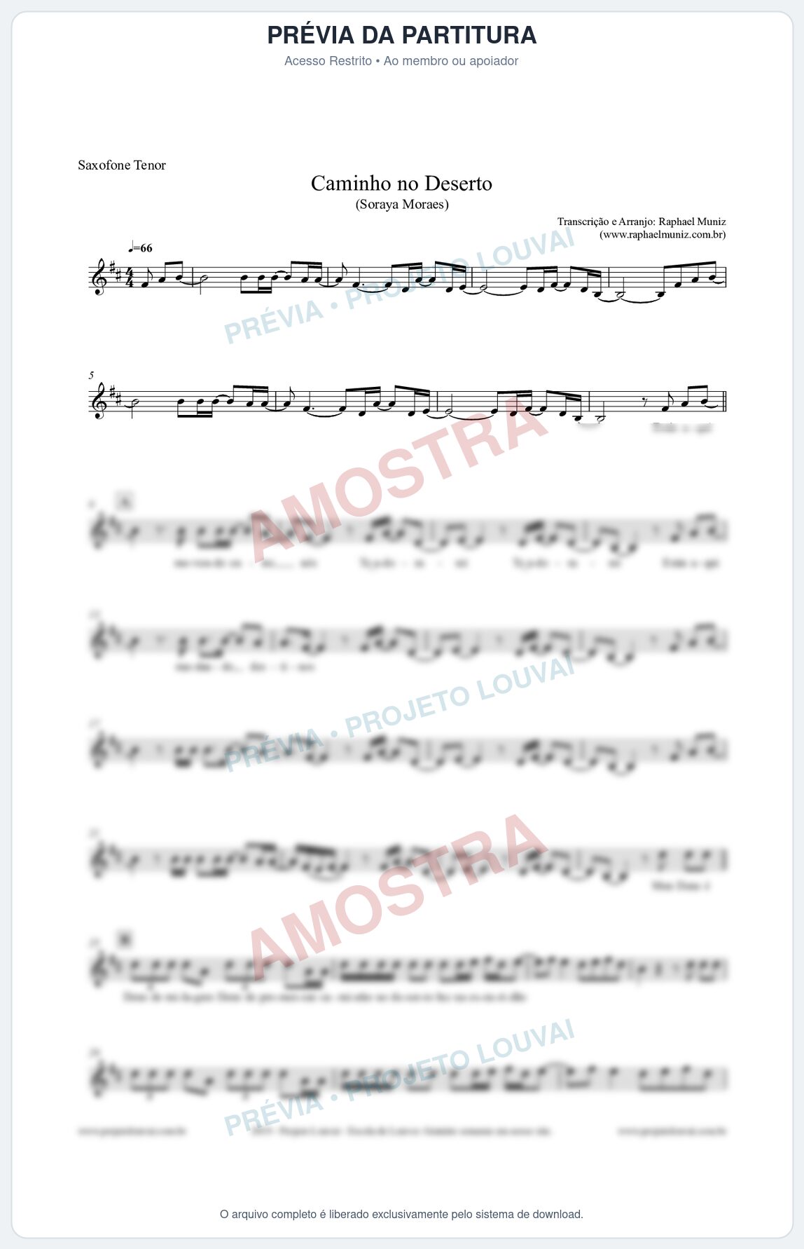 Prévia protegida da primeira página da partitura Partitura para Saxofone Tenor - Caminho no Deserto (Tom Facilitado) - Soraya Moraes