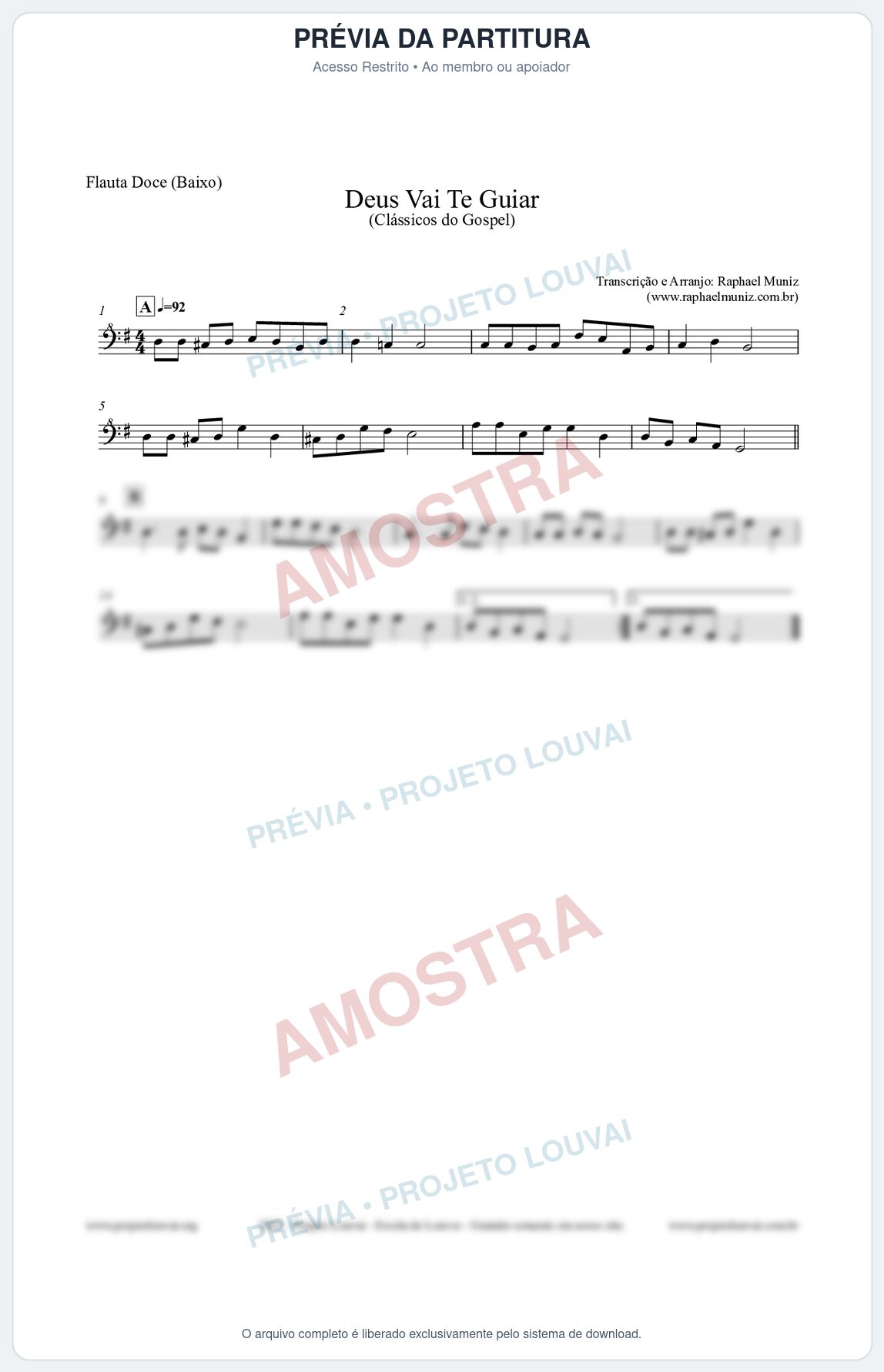 Prévia protegida da primeira página da partitura Partitura para Flauta Doce (Baixo) - Deus Vai Te Guiar - Harpa Cristã nº28 - Clássicos do Gospel