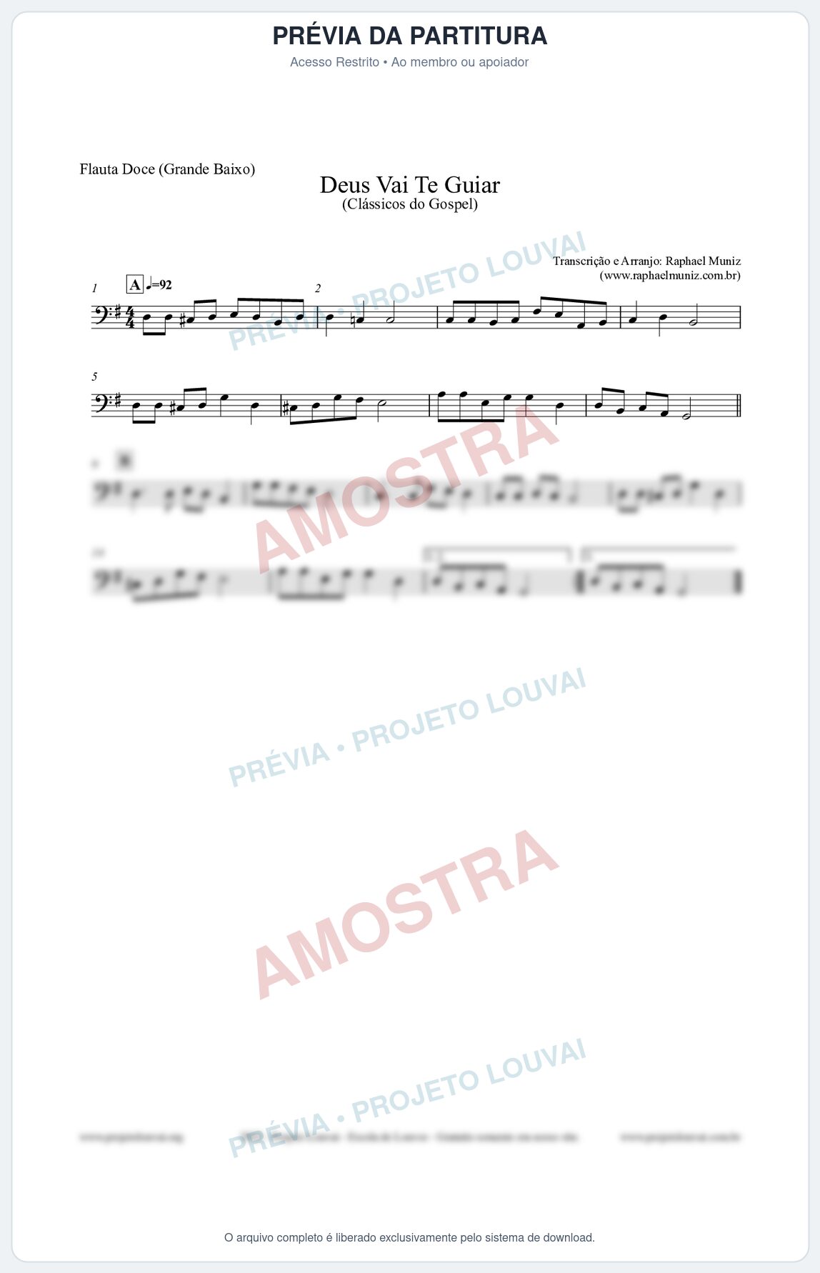 Prévia protegida da primeira página da partitura Partitura para Flauta Doce (Grande Baixo) - Deus Vai Te Guiar - Harpa Cristã nº28 - Clássicos do Gospel