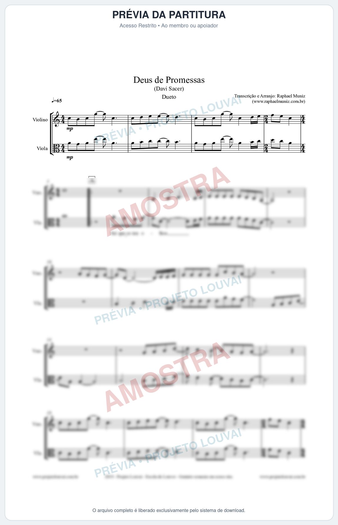 Prévia protegida da primeira página da partitura Partitura para Dueto (Violino e Viola) - Deus de Promessas - Davi Sacer